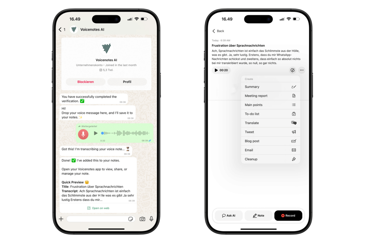 Das Bild zeigt zwei Screenshots einer Voicenotes-AI-Integration auf einem iPhone. Links wird eine WhatsApp-Konversation dargestellt, in der eine Sprachnachricht transkribiert und als Notiz gespeichert wurde, während rechts die Benutzeroberfläche der App verschiedene Optionen zur Weiterverarbeitung der Notiz (z. B. Zusammenfassung, E-Mail oder Blogpost) anzeigt. Die App bietet KI-gestützte Funktionen zur Organisation und Bearbeitung von Sprachaufnahmen.