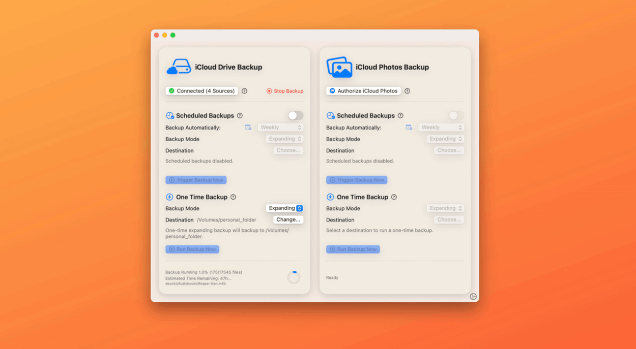 Screenshot of a Mac app showing the iCloud Drive Backup and iCloud Photos Backup settings; the iCloud Drive Backup is running, showing backup progress and file information, while the iCloud Photos Backup displays settings for a one-time backup.
