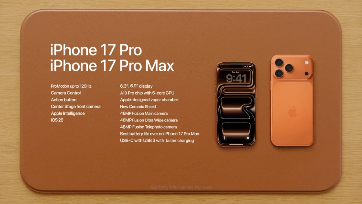 An orange-colored, stylized iPhone 17 Pro Max concept design on a brown, rounded rectangle surface, showcasing design features, including the name "iPhone 17 Pro, iPhone 17 Pro Max", features with a phone in display, with the time 9:41. The background includes key features such as ProMotion, a 120Hz display, new camera features, and battery details.
