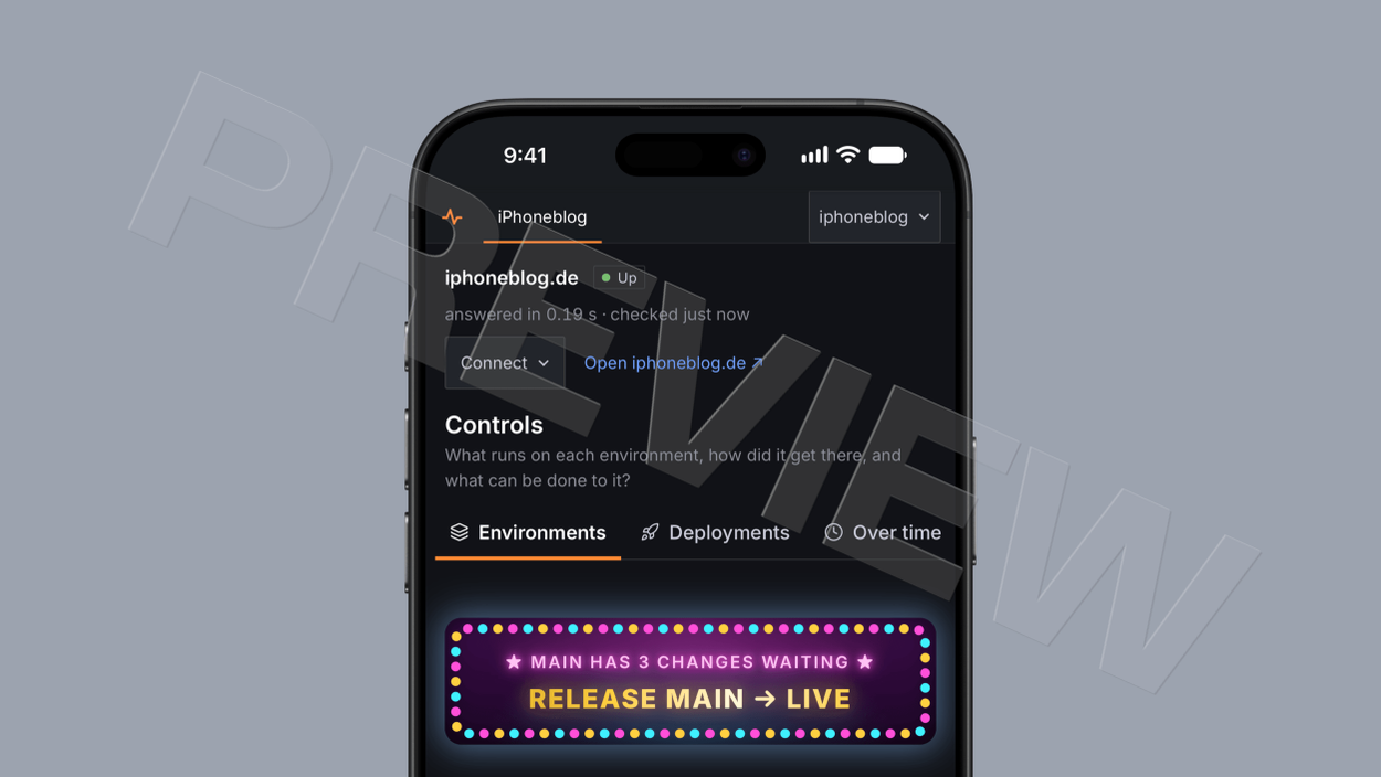 A smartphone screen displaying a dark-themed app interface for monitoring the 'iphoneblog.de' website status, showing it is up and connected, with a section indicating three changes ready to be released from main to live environment.