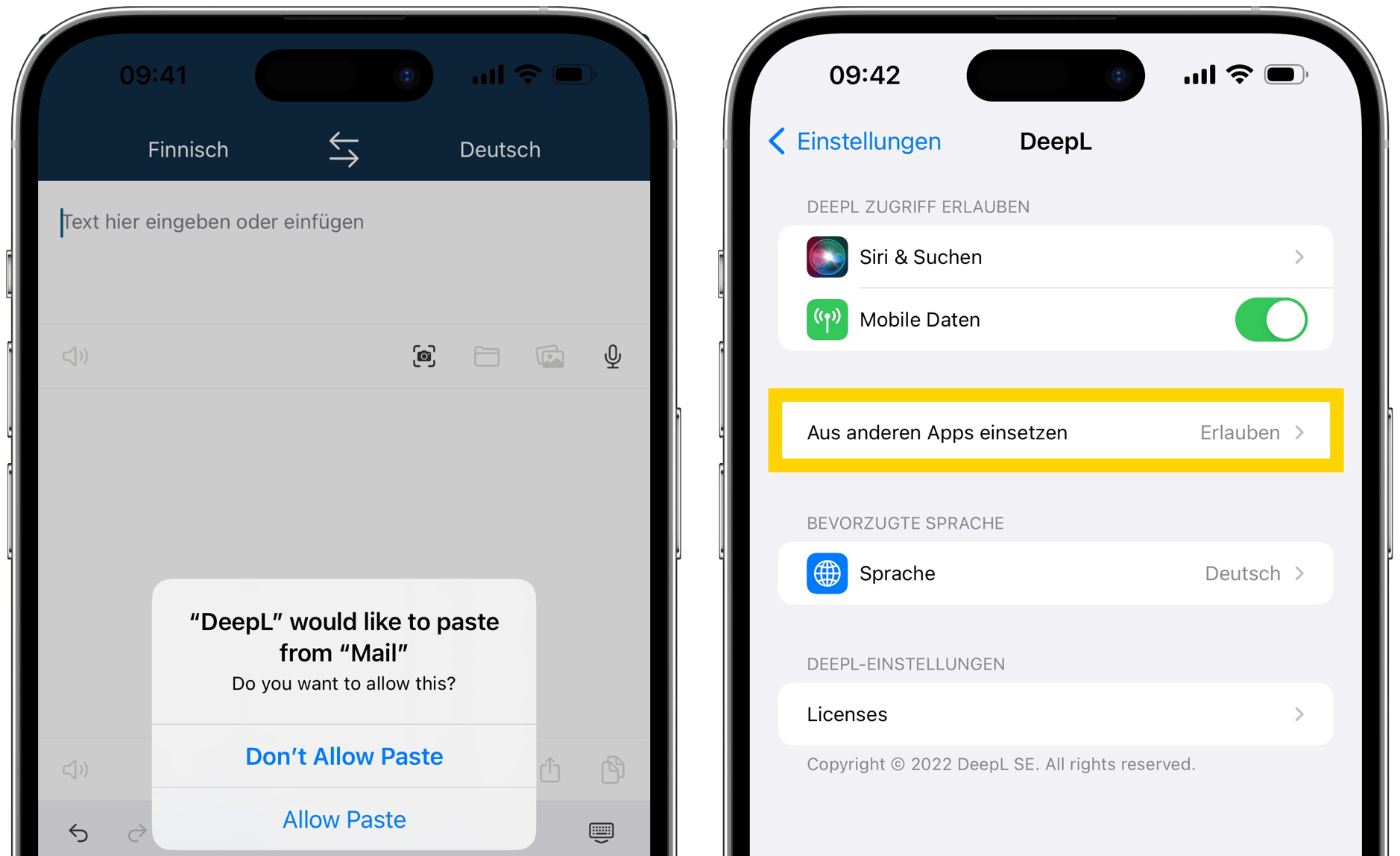 2x iPhone-Screenshots zeigen die Copy-and-Paste-Einstellung.