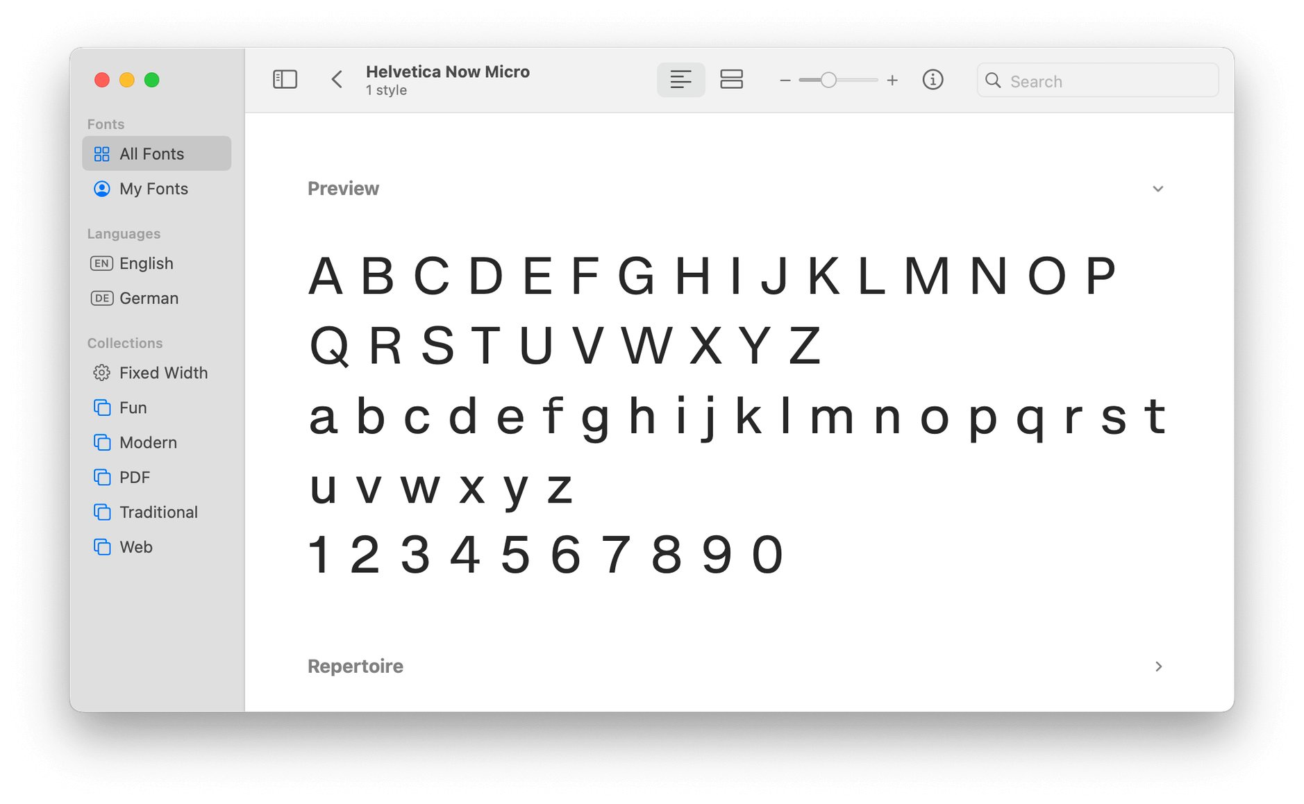 Screenshot der macOS-Font-Book-Applikation.