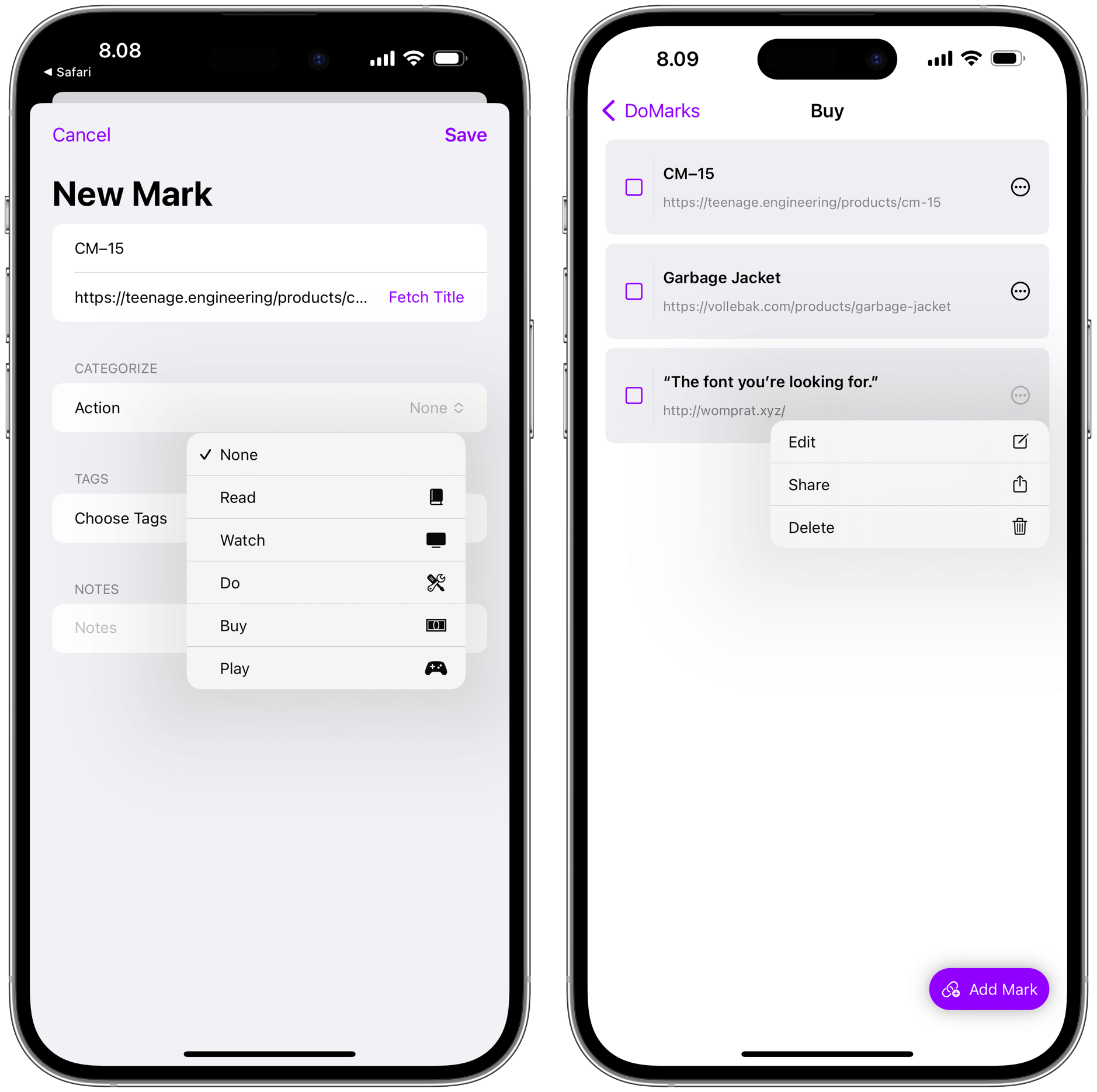 Zwei iPhone-Screenshots der DoMarks-App, die Pop-up-Menüs zeigen.