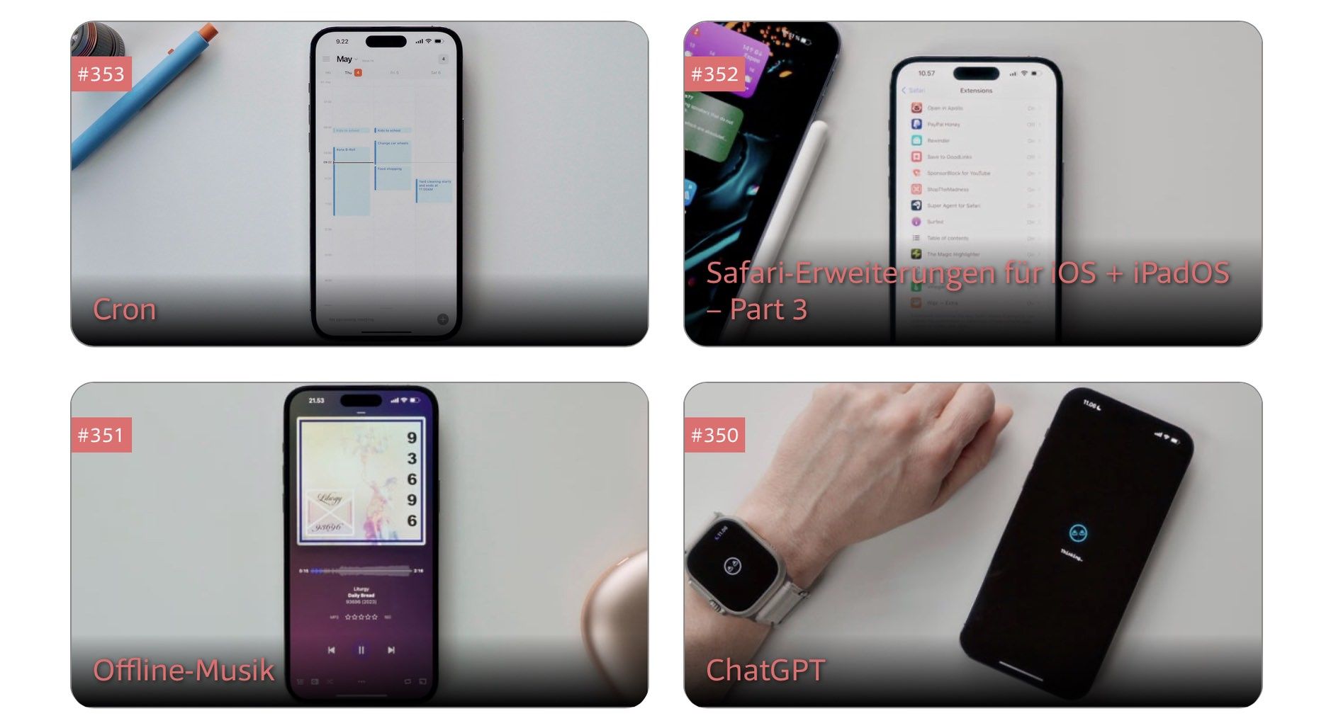 Screenshot zeigt Cover-Bilder der letzten vier #one Videos.