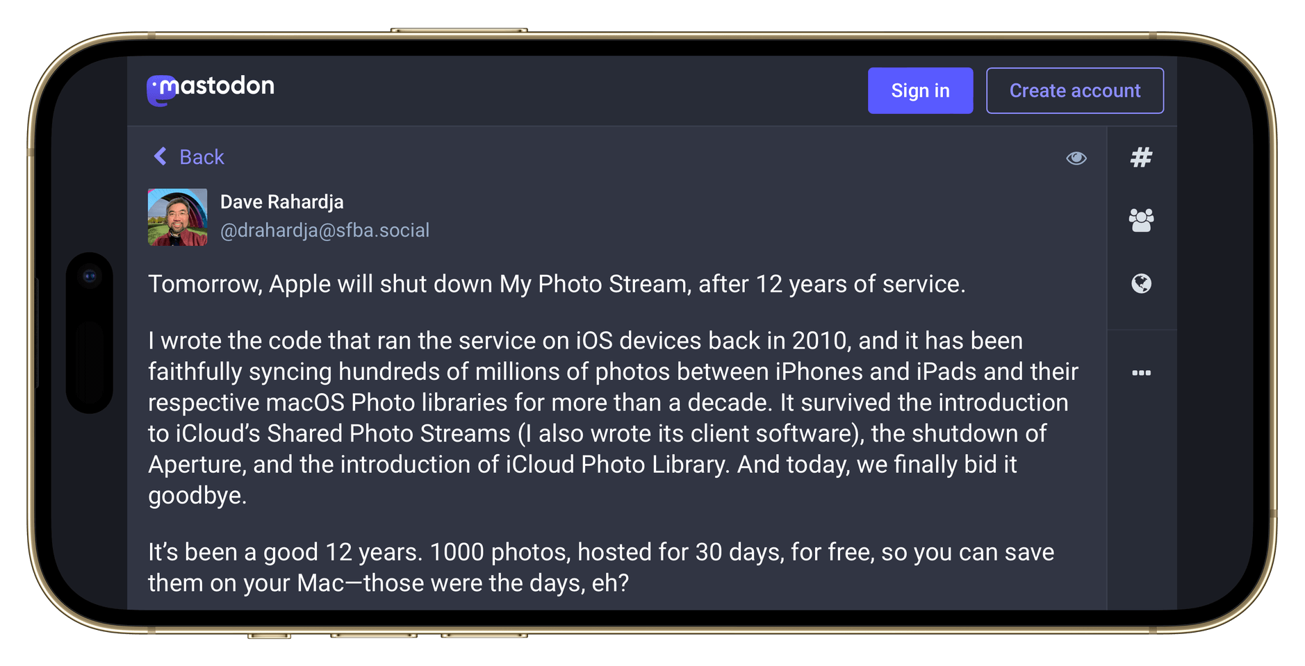 Mastodon-Post von Dave Rahardja über “My photo stream”.