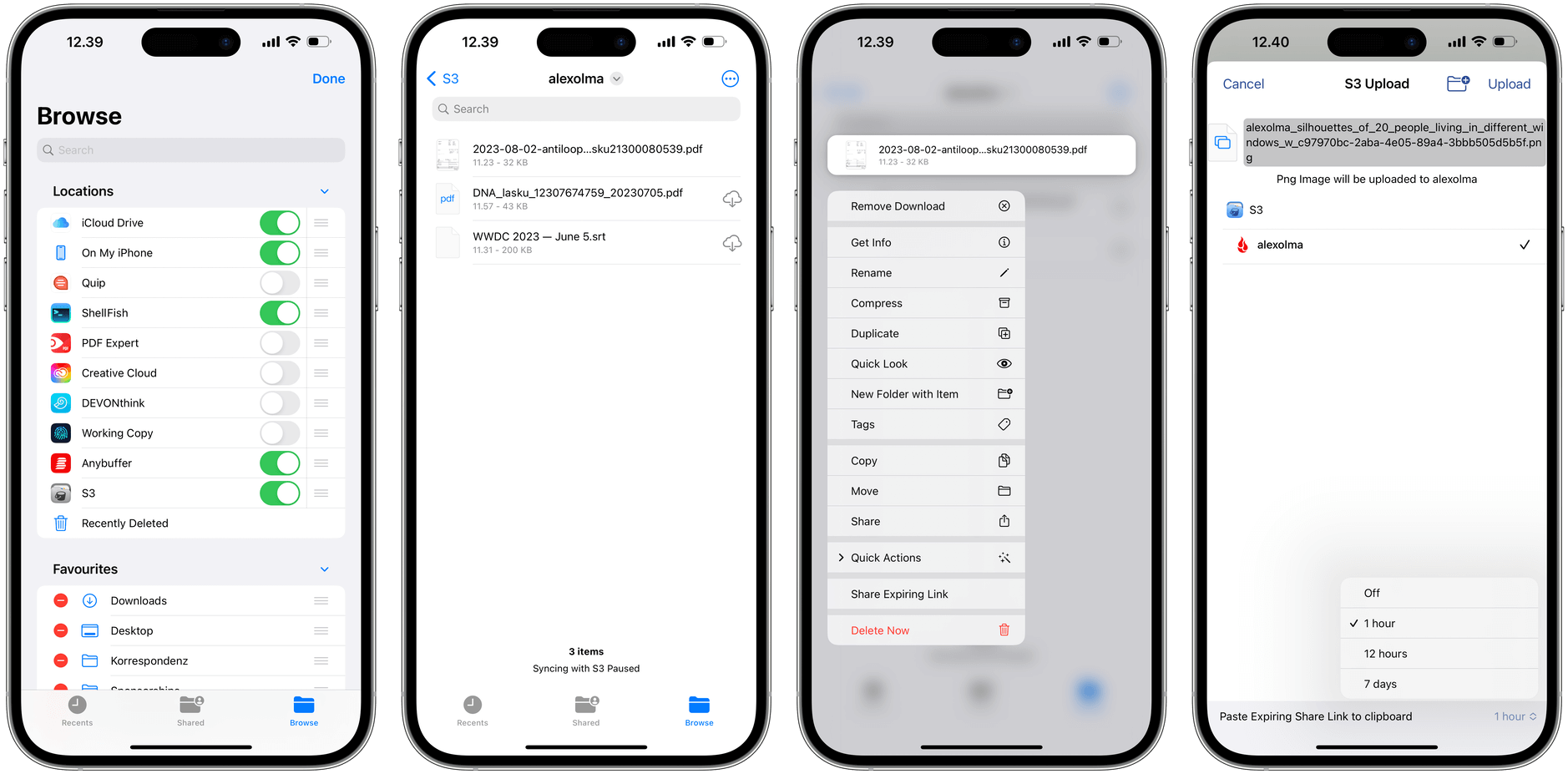 4x iOS-Screenshots aus der Files-App mit Backblaze-B2-Integration.