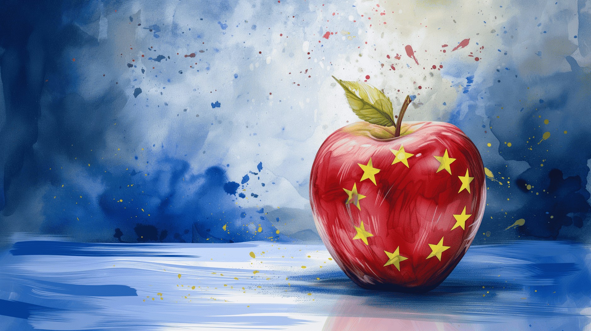 Symbolbild: roter Apple mit Europaflagge vor blauem Hintergrund.