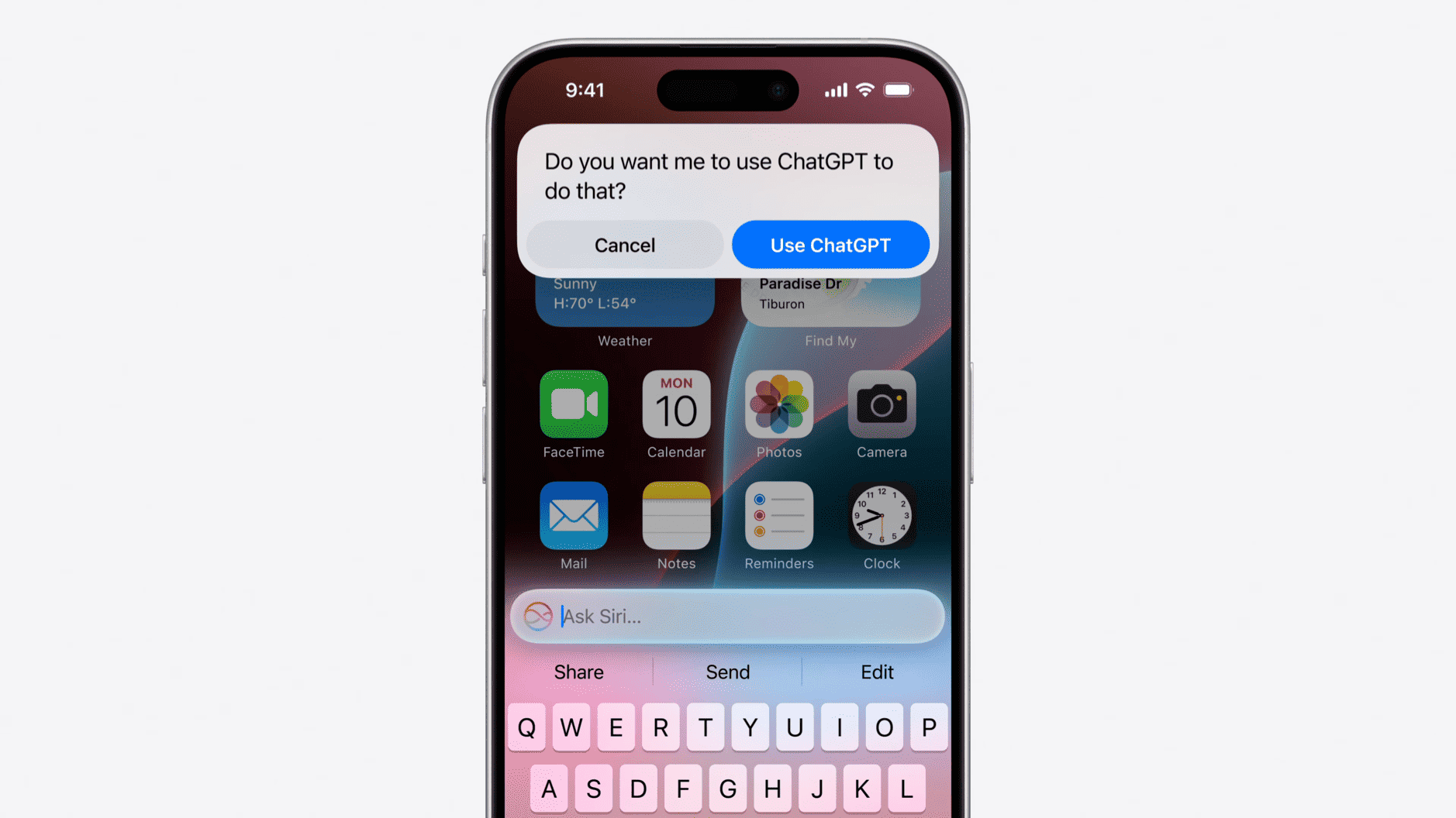 Das Bild zeigt ein iPhone mit einer Benachrichtigung, die fragt, ob ChatGPT verwendet werden soll, um eine Aufgabe zu erledigen.
