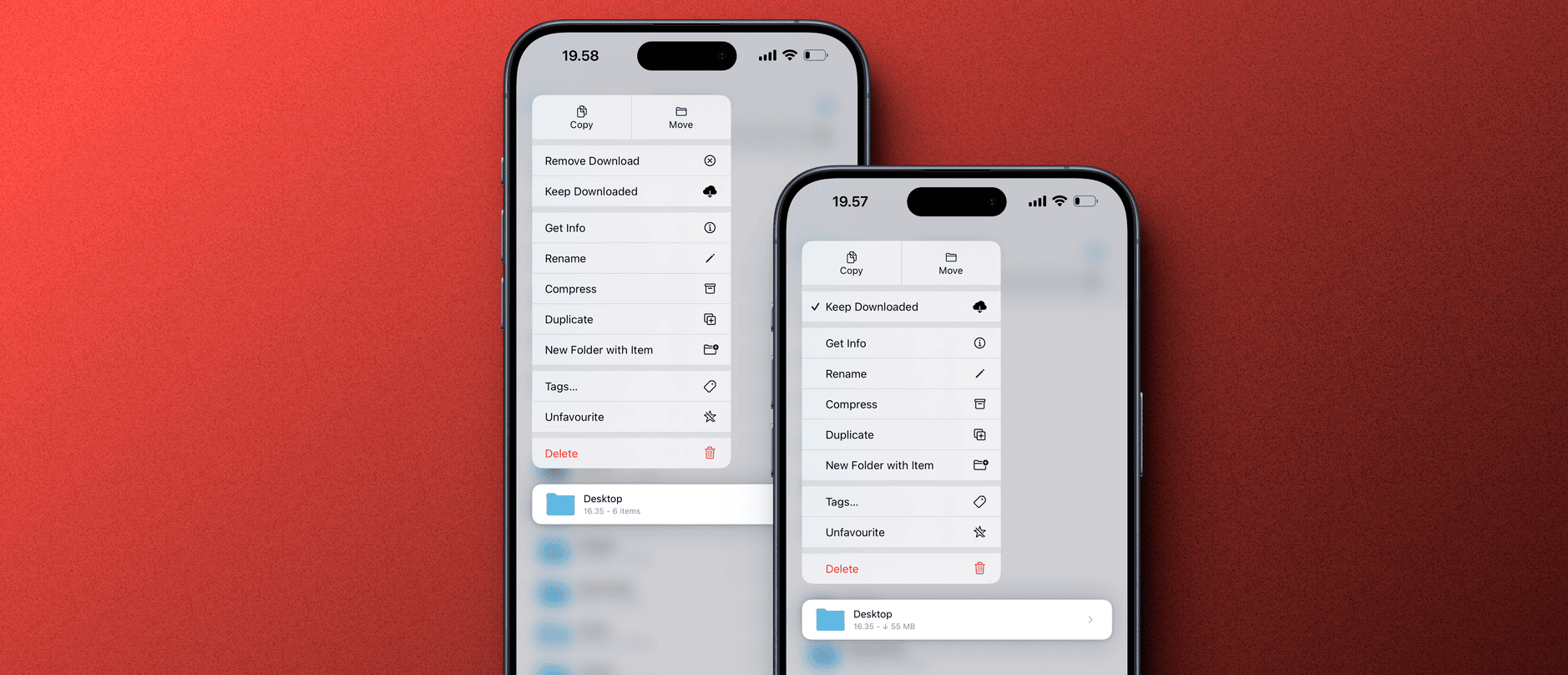 Die Abbildung zeigt zwei iPhones mit geöffneter Files-App. In der App sind verschiedene Ordner und Alben wie "Zuletzt importiert", "Favoriten" und "Duplikate" zu sehen.