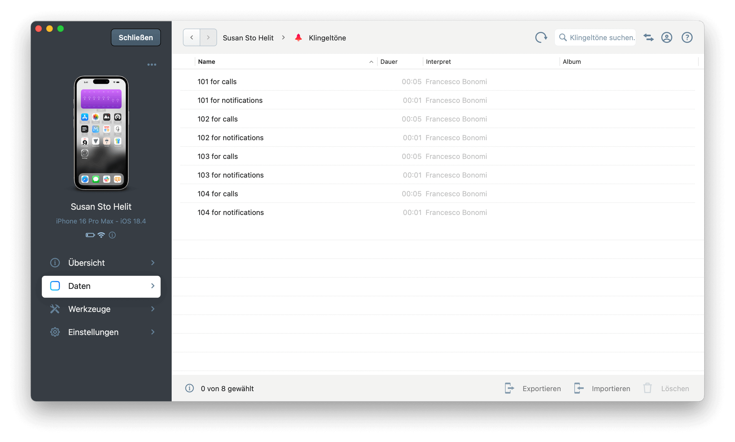 Das Bild zeigt die iMazing Software auf einem Mac, die mit einem iPhone 16 Pro Max verbunden ist. Im Hauptfenster werden Klingeltöne angezeigt, die nach Name, Dauer und Interpret sortiert sind. Auf der linken Seite befindet sich eine Navigation mit Optionen wie "Übersicht", "Daten", "Werkzeuge" und "Einstellungen".