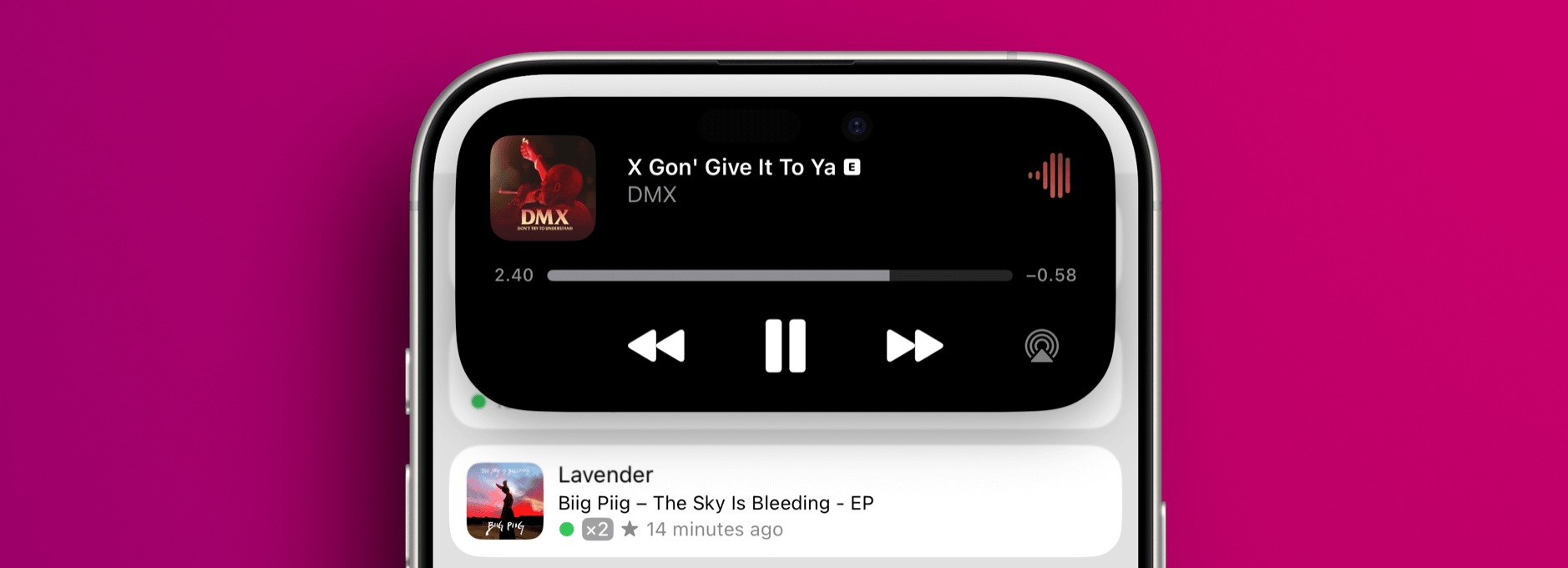 Das Bild zeigt die obere Hälfte eines Smartphones mit einem Musikplayer auf dem Bildschirm. Der Song „X Gon' Give It To Ya“ von DMX wird gerade abgespielt, und darunter ist eine Benachrichtigung über den Song „Lavender“ von Biig Piig zu sehen. Der Hintergrund ist in einem kräftigen Magenta gehalten, was das Gerät hervorhebt.
