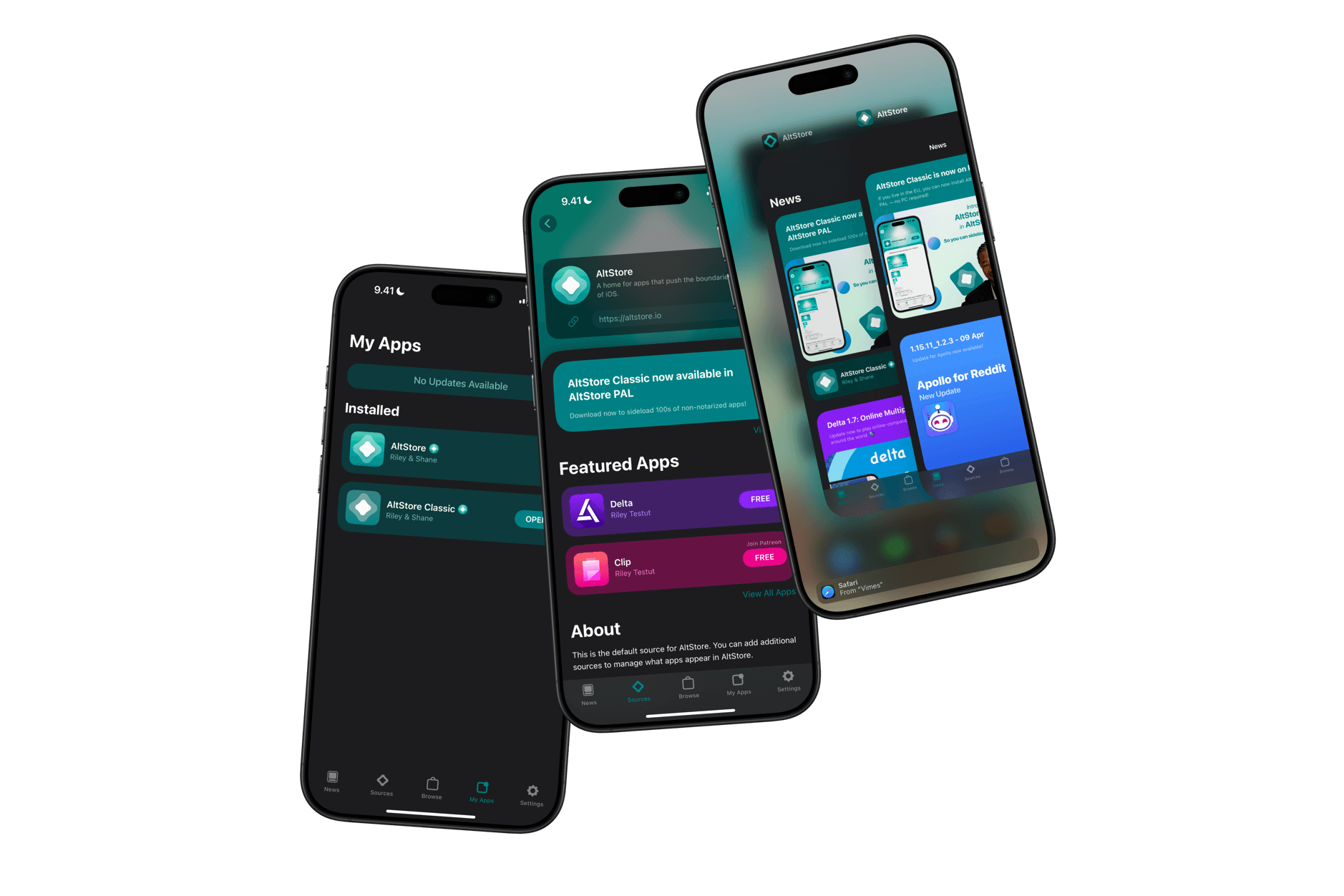 Das Bild zeigt drei iPhones mit der Benutzeroberfläche von AltStore, einem alternativen App Store für iOS-Geräte. Auf den Bildschirmen sind verschiedene Bereiche der App zu sehen, darunter installierte Apps, empfohlene Apps und Neuigkeiten. Das Design ist modern und verwendet dunkle Farbtöne mit türkisfarbenen Akzenten.