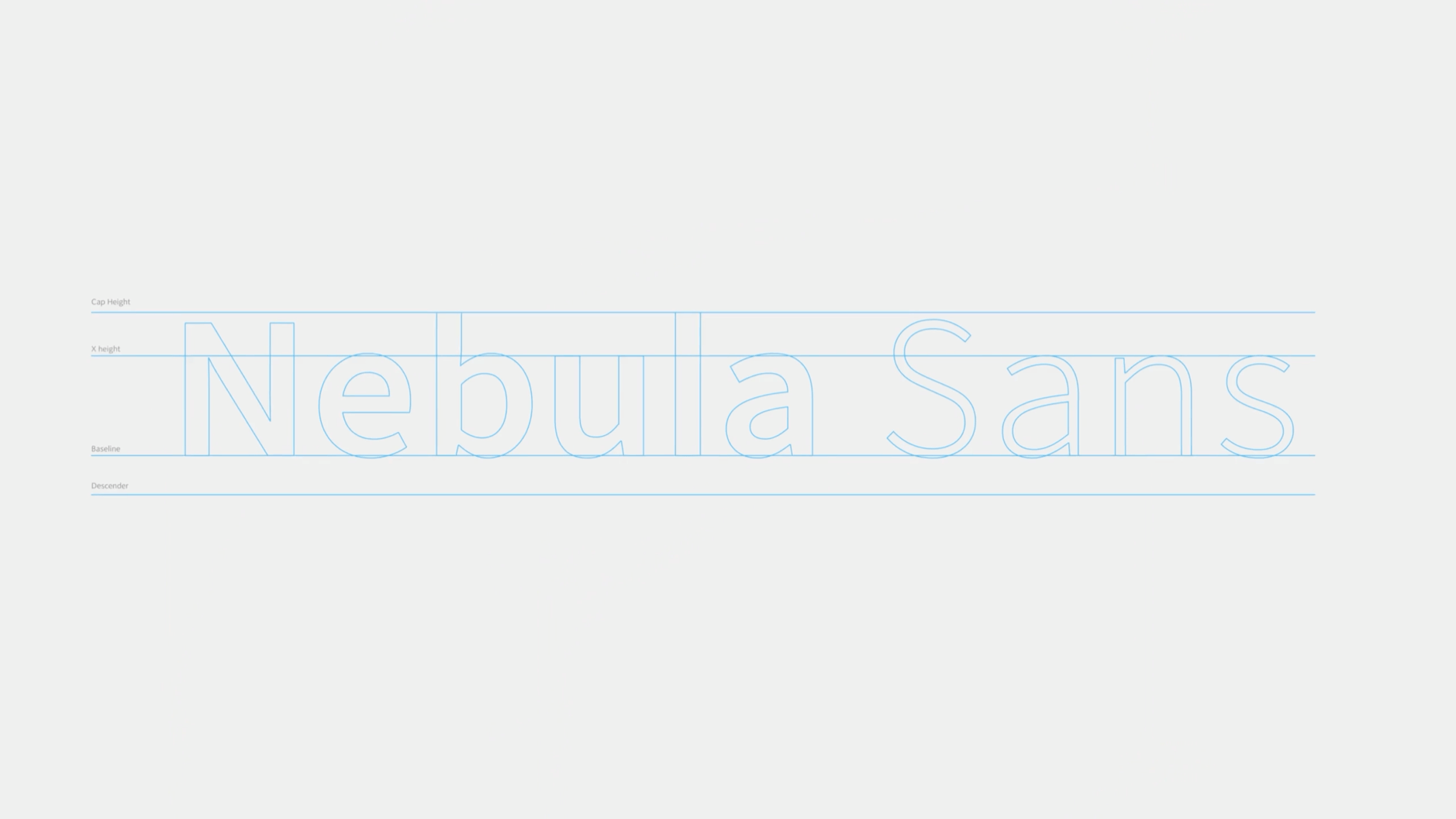 Das Bild zeigt den Schriftzug "Nebula Sans" in einer geometrischen, serifenlosen Schriftart. Es sind typografische Hilfslinien eingezeichnet, die die Cap Height, X-Height, Baseline und Descender markieren. Die Darstellung hebt die präzise Konstruktion der Buchstaben hervor.