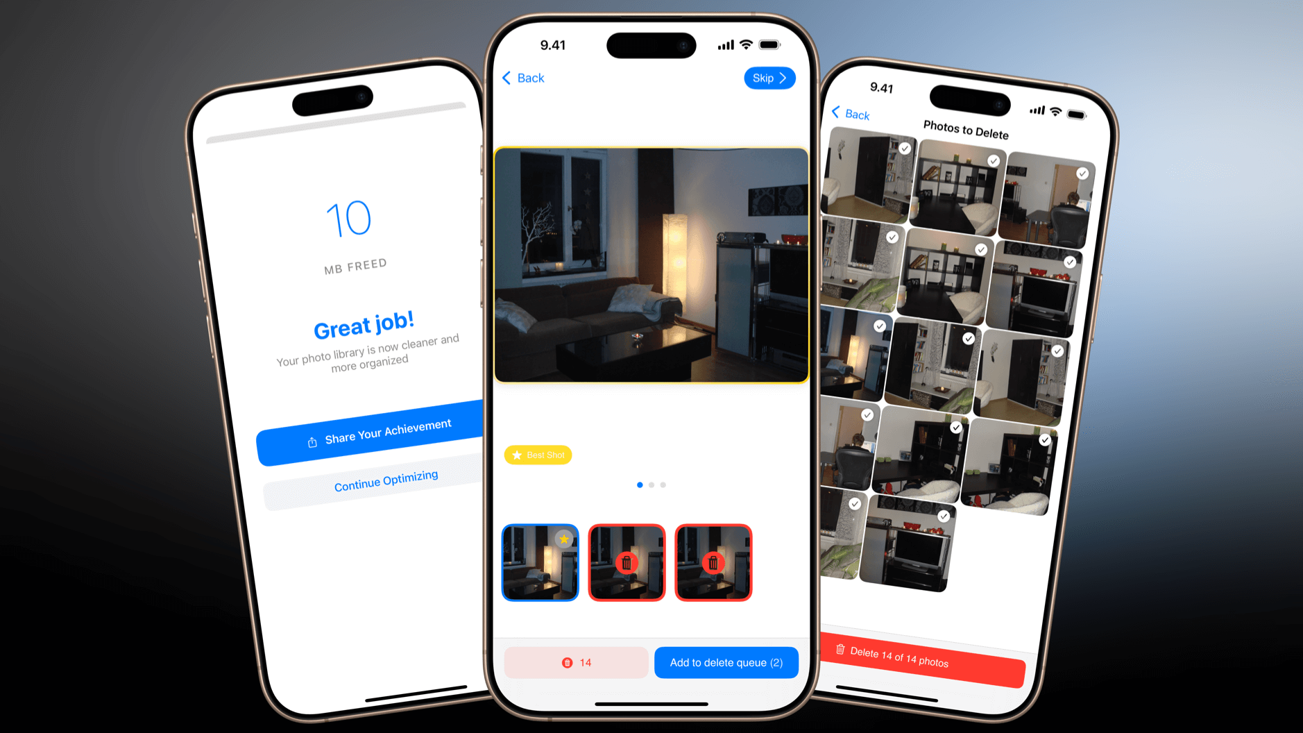 Das Bild zeigt drei iPhone-Bildschirme, die verschiedene Aspekte der Fotobibliothek-Optimierung darstellen. Der linke Bildschirm zeigt eine Erfolgsmeldung mit "10 MB FREED" und "Great job!", der mittlere Bildschirm präsentiert ein Wohnzimmerfoto mit Auswahloptionen, und der rechte Bildschirm zeigt eine Übersicht von Fotos, die zum Löschen markiert sind. Die Benutzeroberfläche ermöglicht es, doppelte oder ähnliche Fotos zu identifizieren und zu entfernen, um Speicherplatz freizugeben.