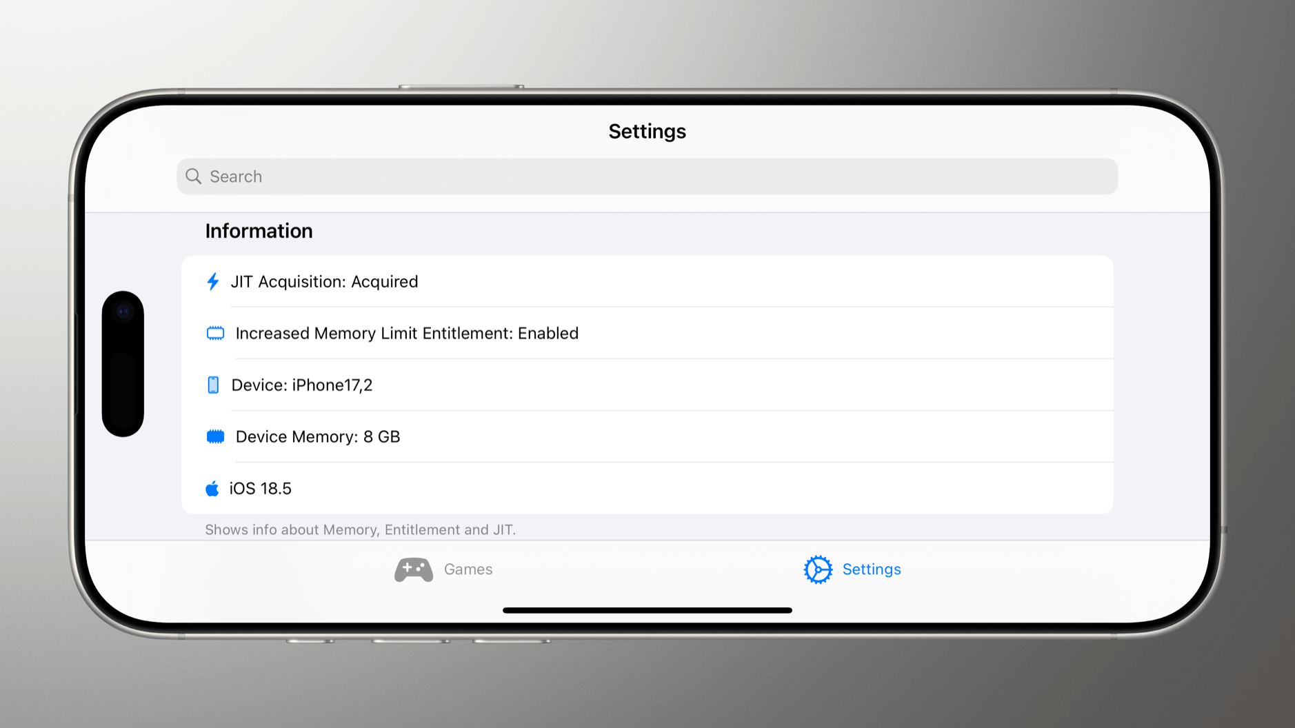 Das Bild zeigt die Einstellungen eines iPhones mit dem Modellnamen „iPhone17,2“, das über 8 GB Arbeitsspeicher verfügt. Das Gerät läuft mit iOS 18.5 und hat die JIT-Akquisition sowie die erhöhte Speichergrenze aktiviert. Die Informationen werden im Bereich „Settings“ auf dem Bildschirm angezeigt.