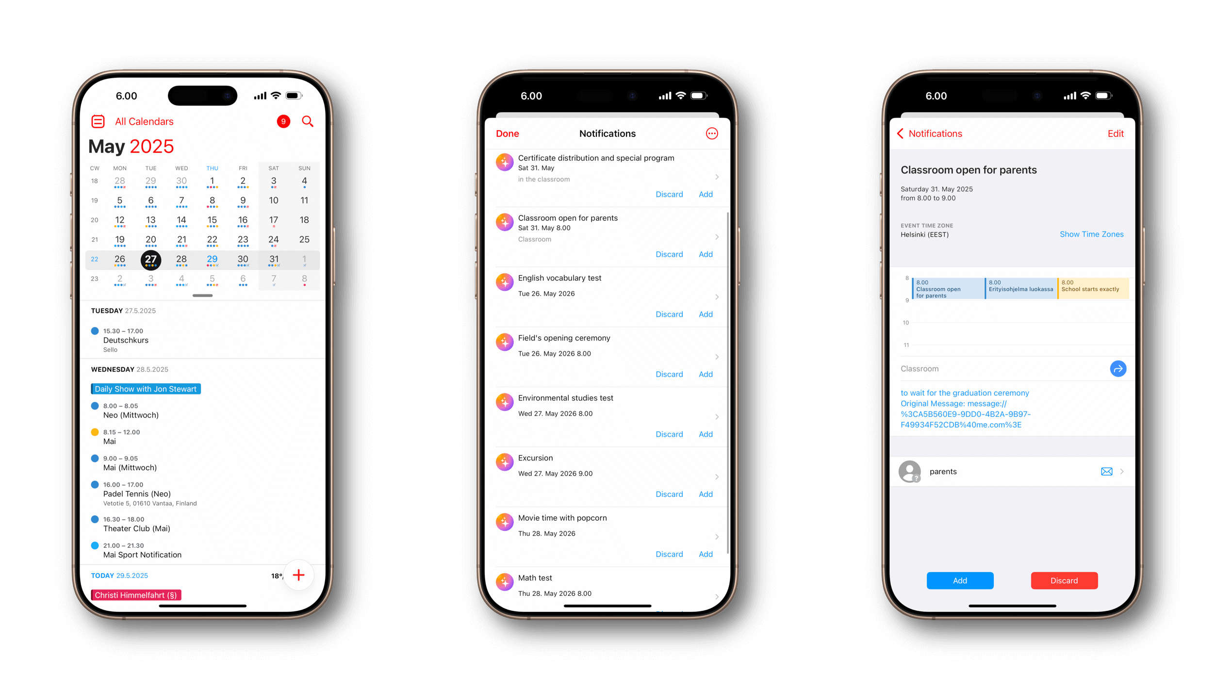 Das Bild zeigt einen Kalender auf einem Smartphone für den Monat Mai 2025. Es sind verschiedene Ereignisse und Benachrichtigungen aufgelistet, darunter ein Deutschkurs und eine Klassenraumverfügbarkeit für Eltern. Einige Testtermine und geplante Aktivitäten sind ebenfalls vermerkt.