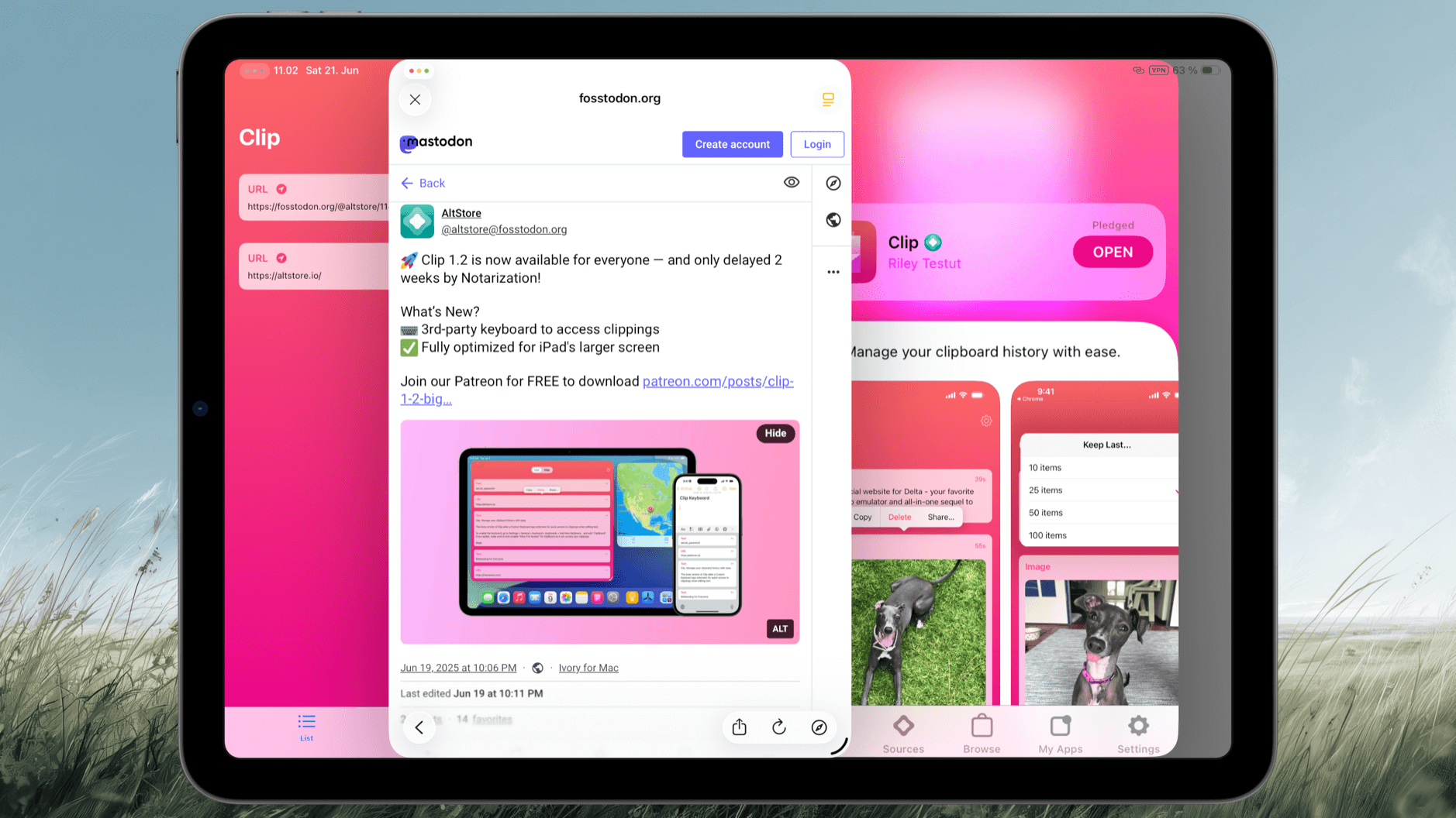 iPad screen displaying the Mastodon social media platform website with a post announcing Clip 1.2 app availability and features, alongside a screenshot of the Clip keyboard interface on an iPad and iPhone, and various clipboard history and settings of the Clip app.

