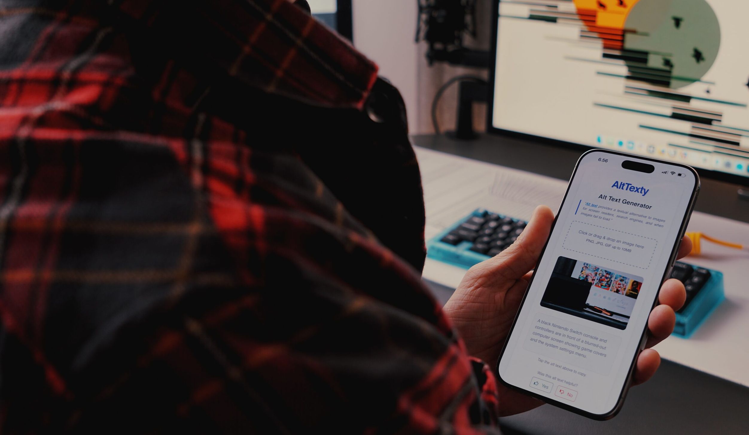 A person wearing a red and black plaid shirt holds a smartphone displaying the "AltTexty" app interface, showcasing its image upload functionality and the generated alternative text for an uploaded image of a Nintendo Switch console.