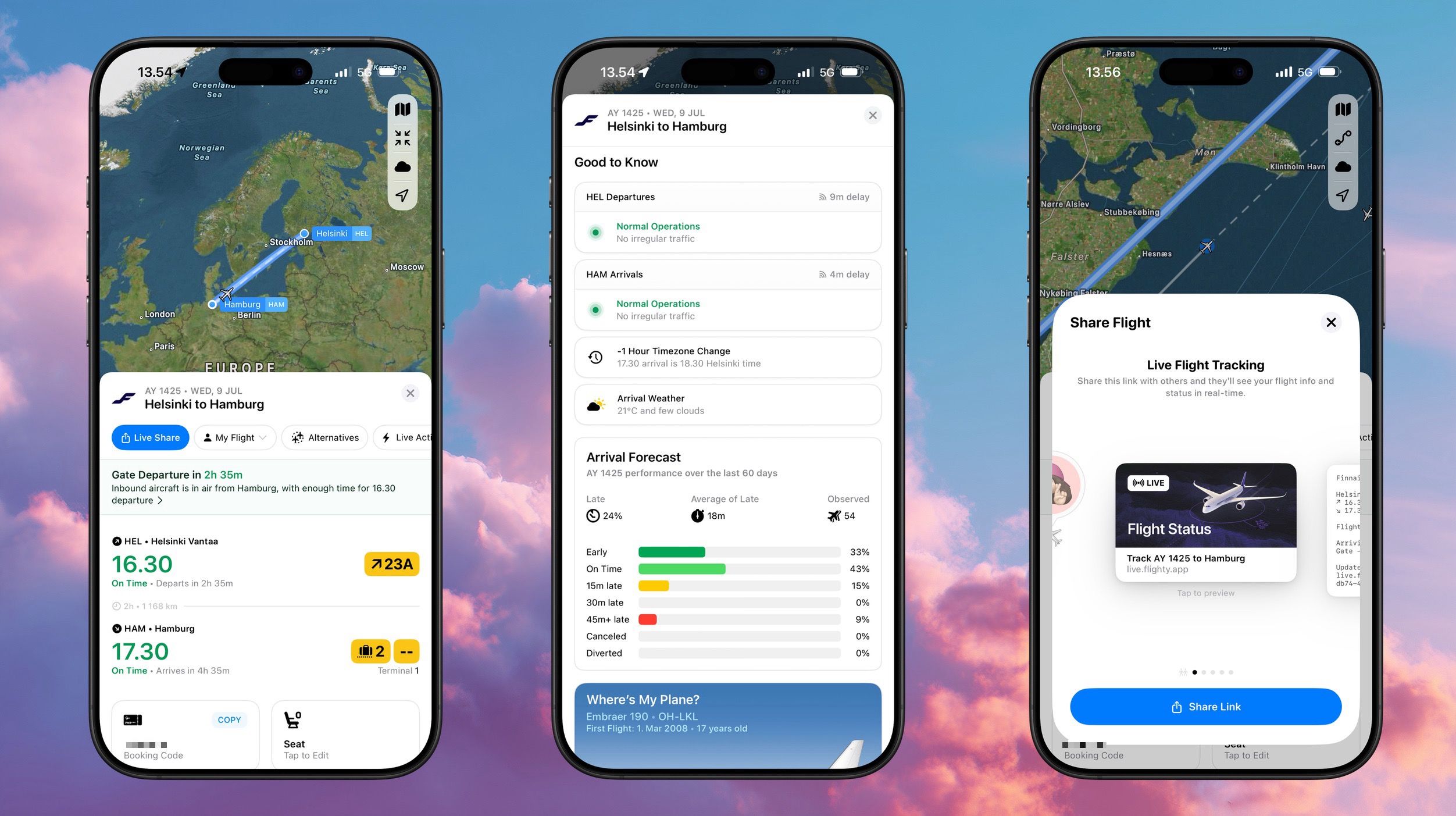Three mobile phone screens displaying flight information for a Helsinki to Hamburg flight, including a map view showing the flight path, details on departure and arrival times, weather, flight status, and sharing options.
