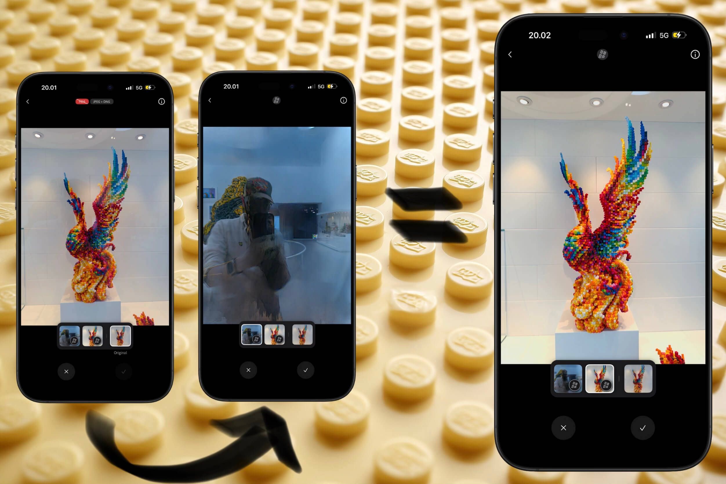 Three smartphone screens displaying a colorful phoenix sculpture, composed of numerous small blocks, each screen showing a different aspect of the sculpture against a backdrop of yellow, circular elements, likely representative of LEGO bricks.
