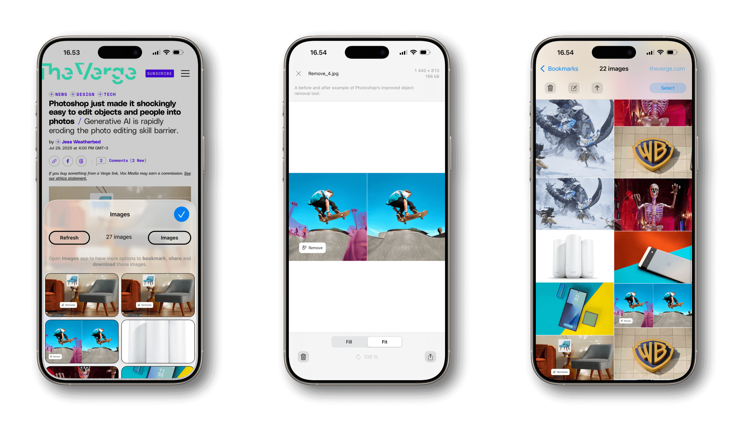 Screenshots of three iPhone displays showcasing an article from The Verge about Photoshop's AI editing features, a before-and-after image of an object removal in Photoshop, and a collection of bookmarked images. The central display demonstrates the object removal tool's function, featuring a skateboarder in a skatepark with a "remove" button.
