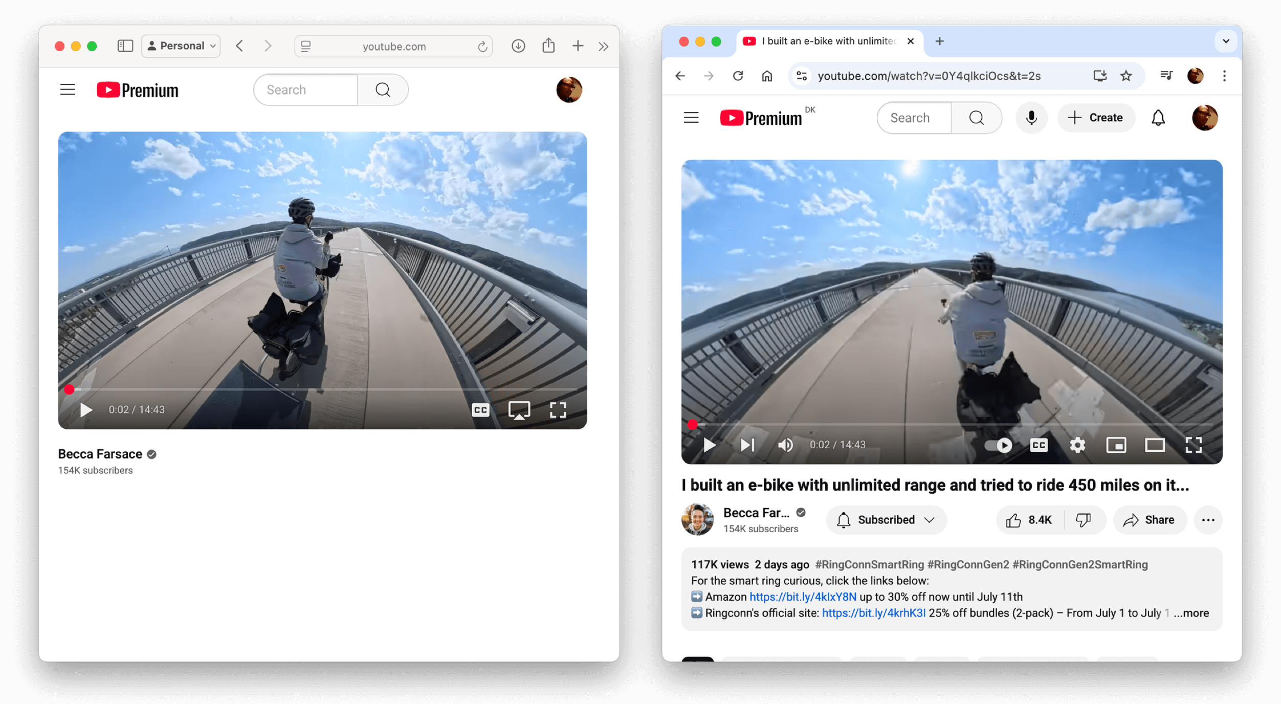 A YouTube video of a cyclist riding an e-bike across a long bridge, captured from a first-person perspective. The video is from Becca Farsace, with the title "I built an e-bike with unlimited range and tried to ride 450 miles on it..." and displays the viewer's control bar with a progress indicator.
