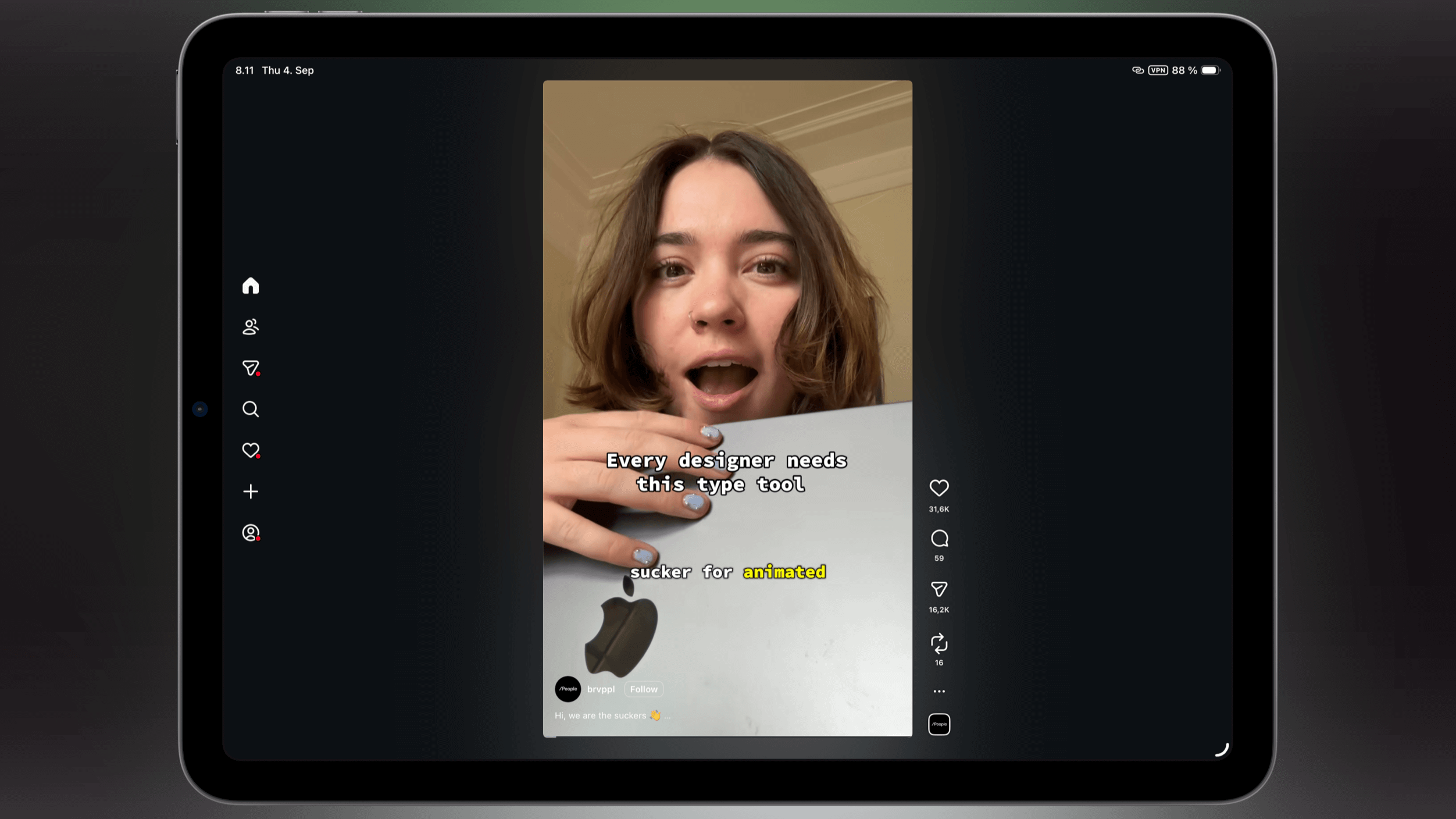 A woman holding a MacBook with the Apple logo, showing an animated video on a tablet. The video on the MacBook has text that reads "Every designer needs this type tool sucker for animated." The tablet interface shows like, comment and share buttons.
