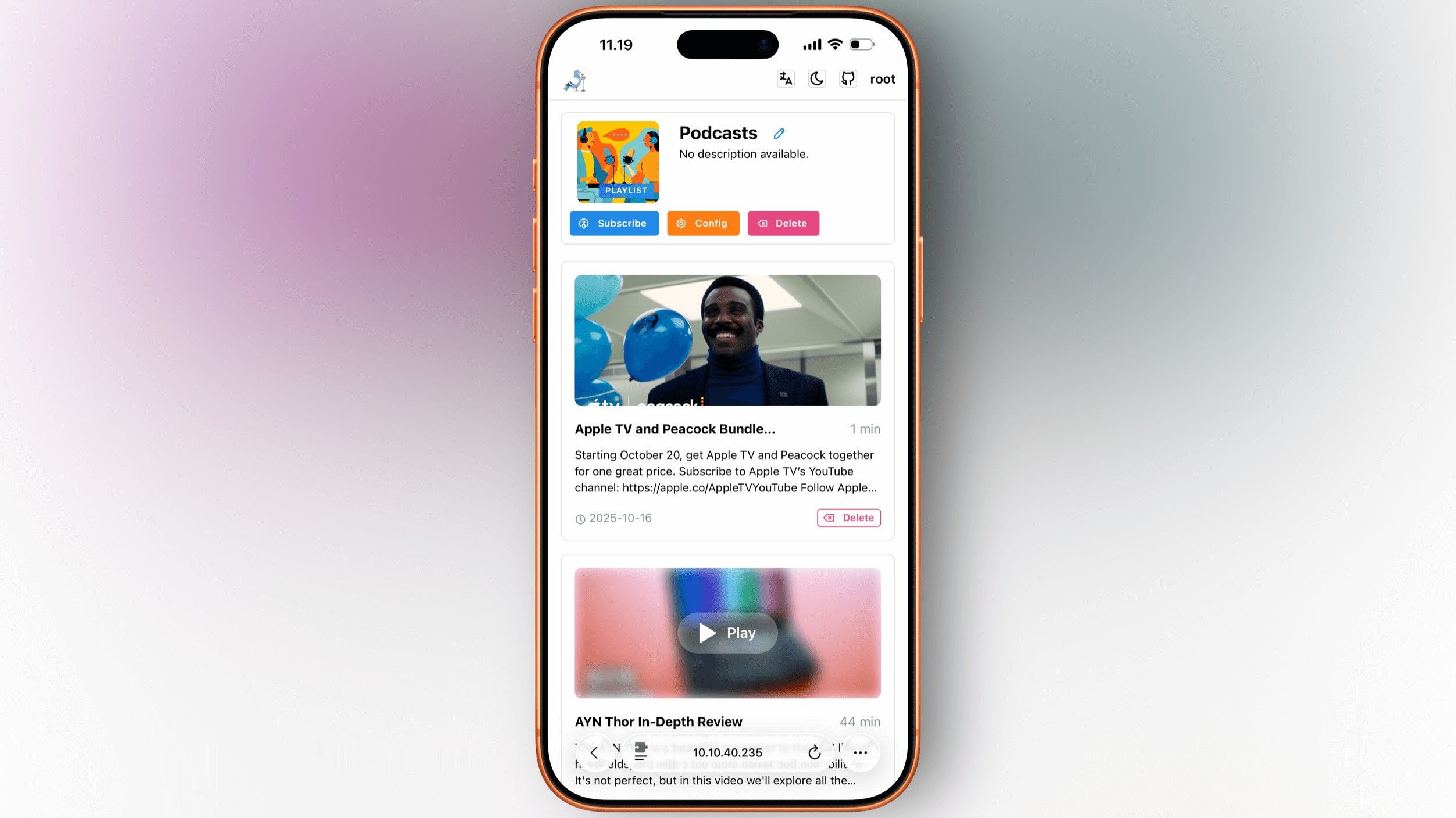 Smartphone screen displaying a podcast app interface with a playlist titled "Podcasts," subscription options, and video previews related to Apple TV, Peacock, and the AYN Thor review.
