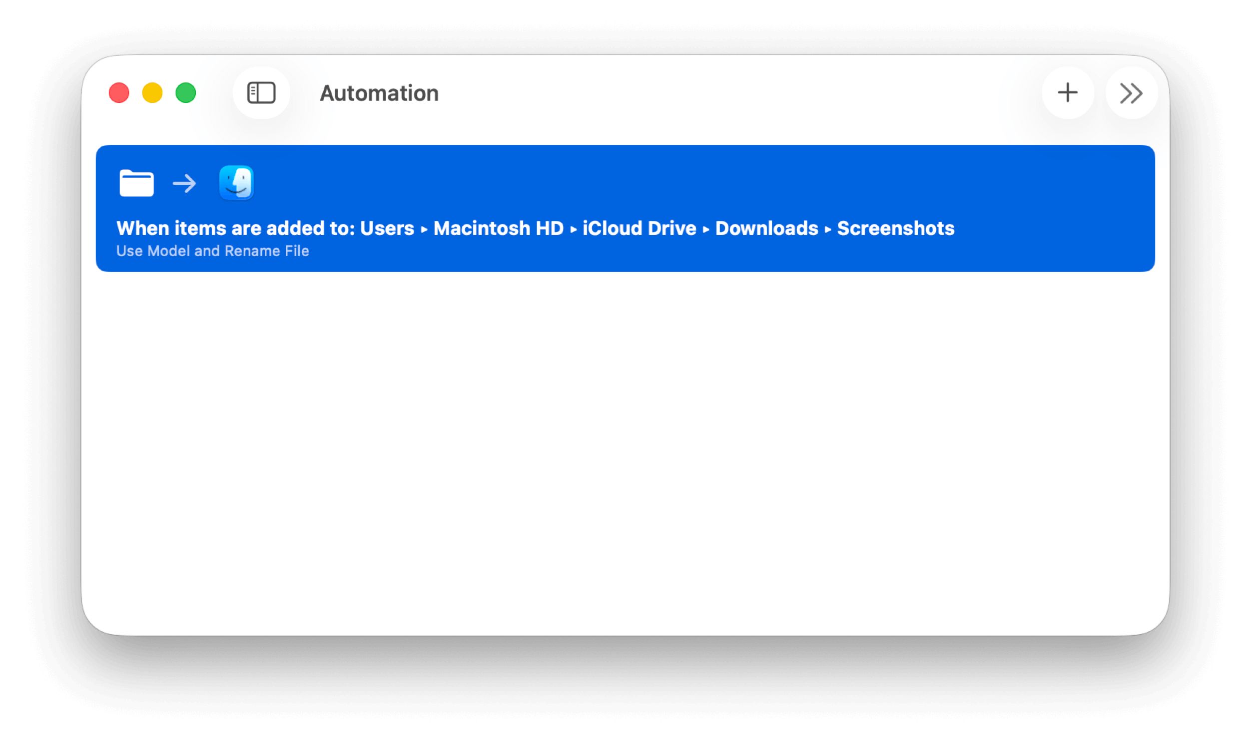 Benutzeroberfläche, die einen Automatisierungs-Workflow anzeigt, mit einer blauen Leiste, die Auslösebedingungen detailliert, einschließlich "Wenn Elemente hinzugefügt werden: Benutzer -> Macintosh HD -> iCloud Drive -> Downloads -> Screenshots" und einer Datei-Umbenennungsaktion.
