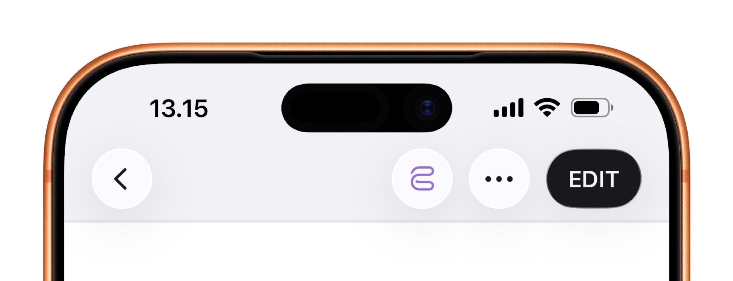 iPhone-Bildschirm, der den oberen Teil einer App mit einem Kameraausschnitt, Uhrzeit, Signal, Batteriestatus, einem Zurück-Pfeil, einem Logo, Menüpunkten und einer Bearbeitungsschaltfläche anzeigt.