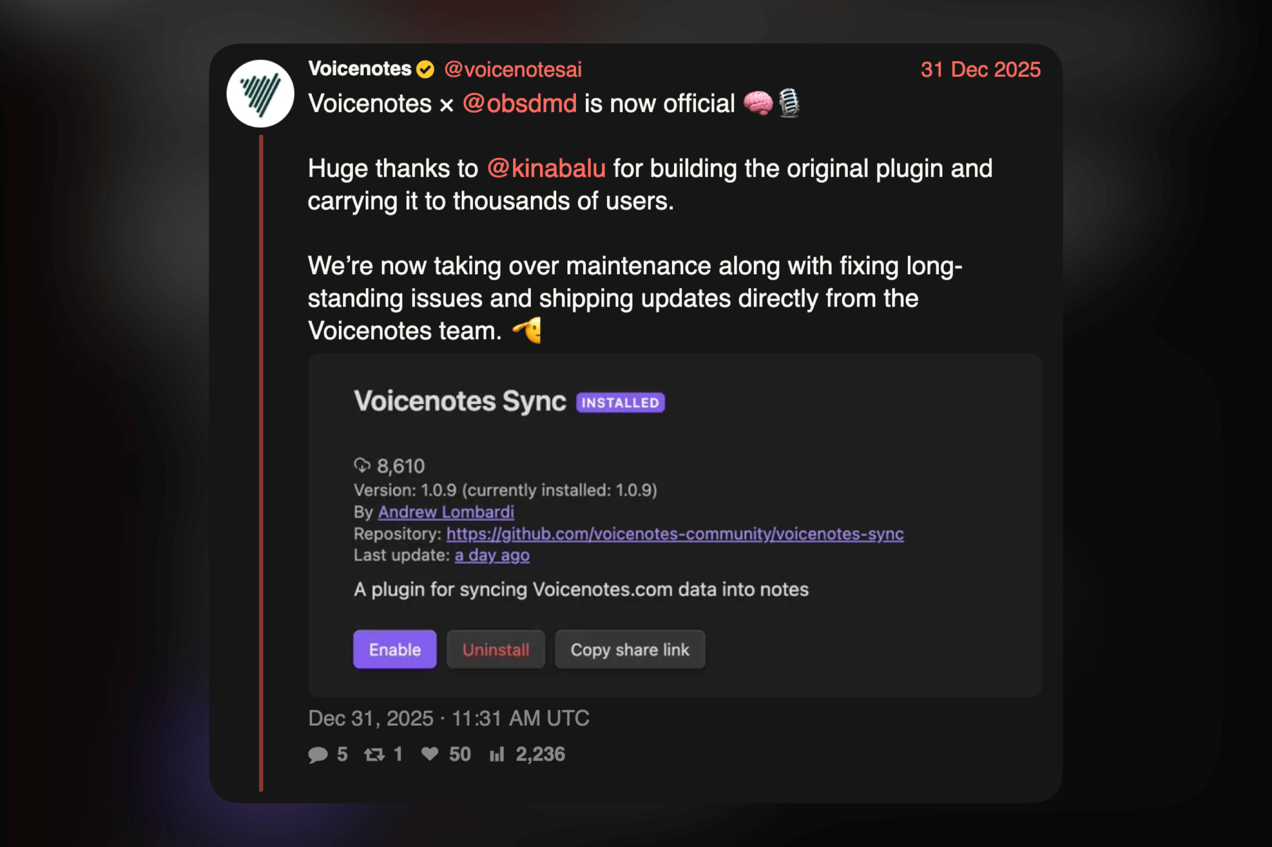 Screenshot of a Twitter post from the Voicenotes account
Screenshot eines Twitter-Posts vom Voicenotes-Konto, in dem bekannt gegeben wird, dass sie die Wartung des Voicenotes Sync-Plugins übernehmen, mit Details zur Plugin-Version, zum Entwickler und einem Link zum Repository, einschließlich einer "installiert"-Bestätigung.