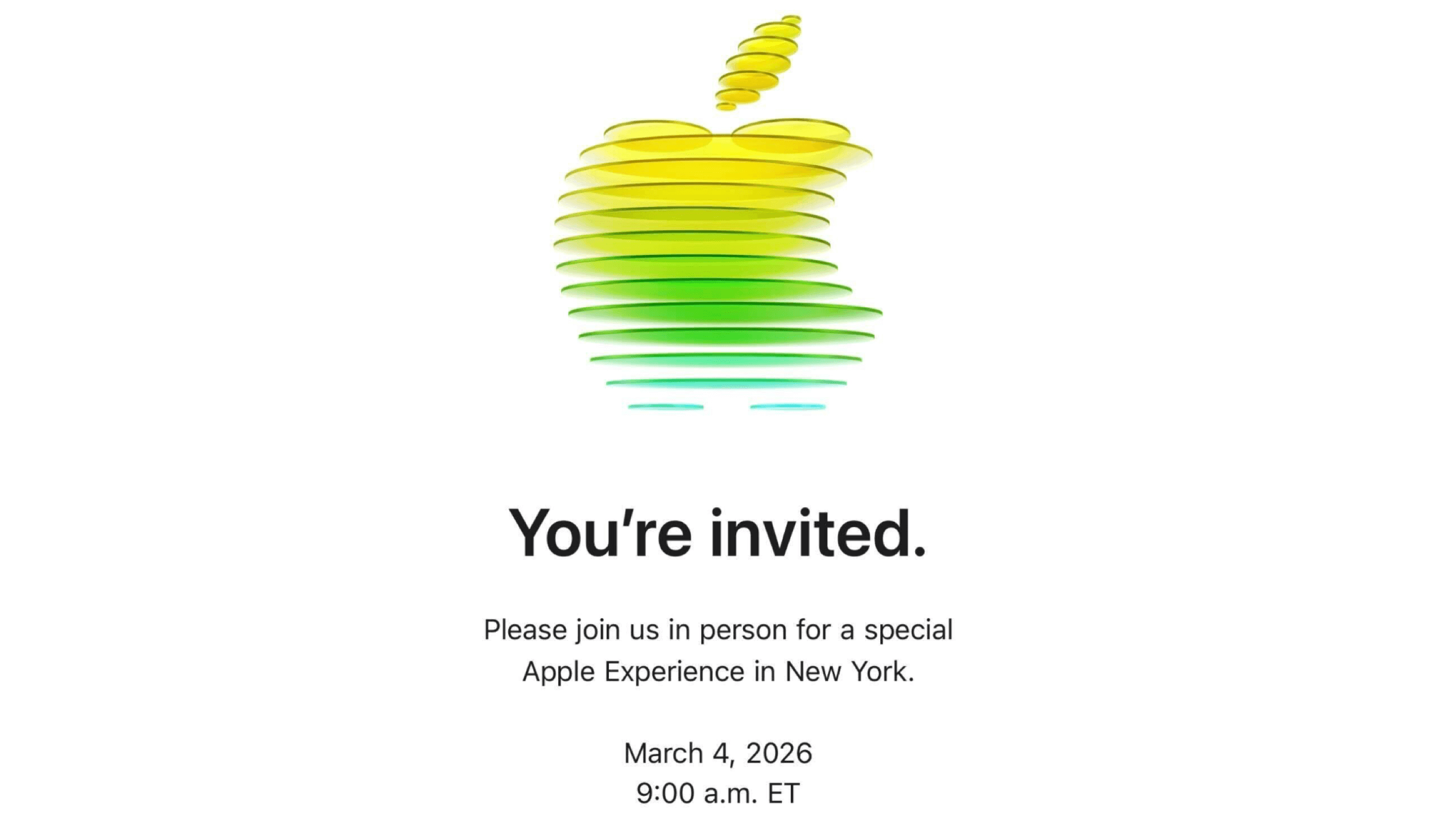 Apple-Veranstaltungseinladung mit einem stilisierten Gradienten-Apfel-Logo, gefolgt vom Text "Sie sind eingeladen." und Veranstaltungsdetails.