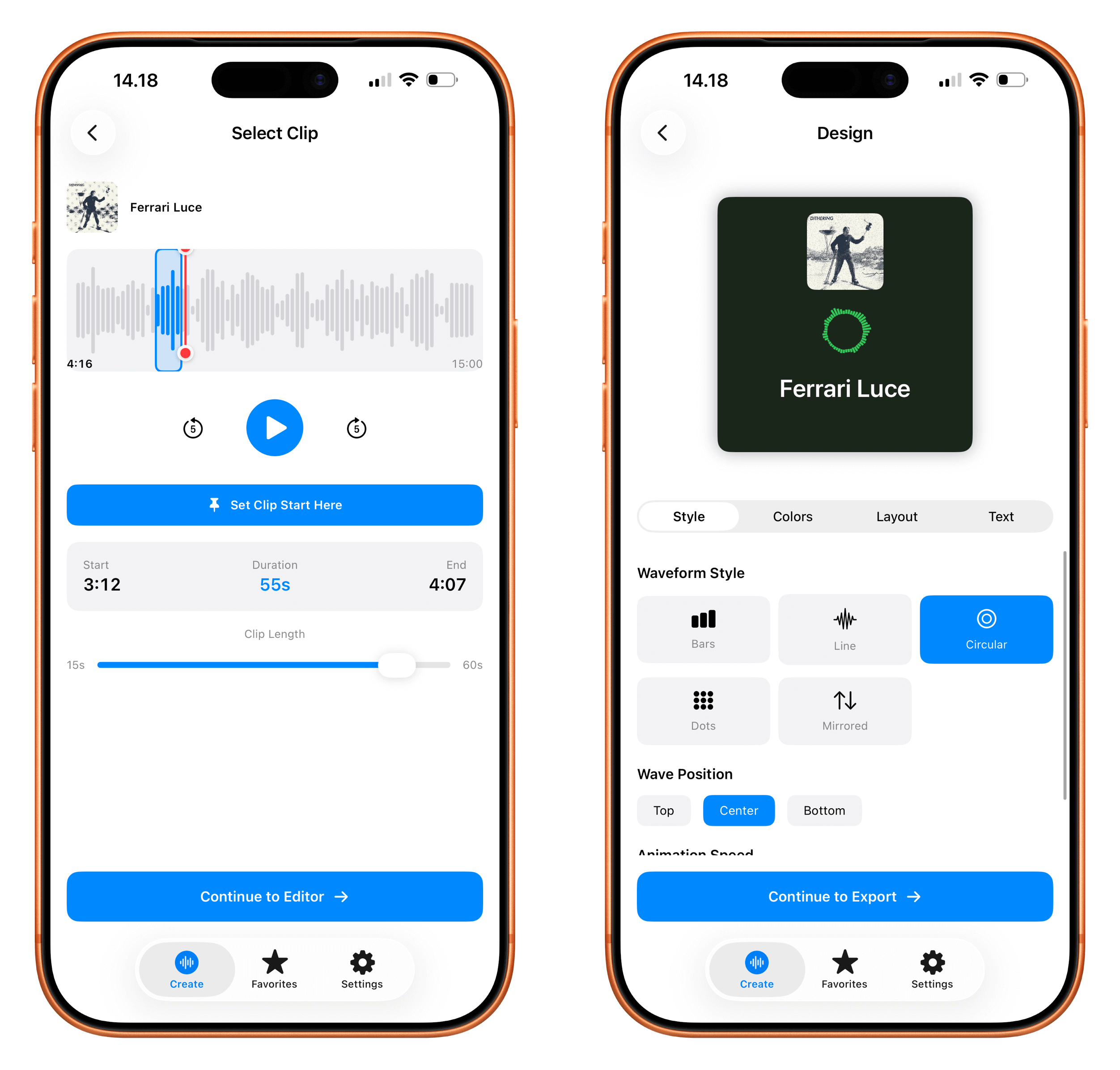 Zwei Smartphone-Bildschirme mit einem orangefarbenen Rahmen, die jeweils eine App-Oberfläche anzeigen, eine für die Auswahl eines Clips und die andere für Designeinstellungen, beide im Zusammenhang mit der Audiobearbeitung. Der erste Bildschirm zeigt eine Wellenform, Start- und Endpunkte sowie eine Clip-Längen-Steuerung, mit Optionen zum Einstellen des Clip-Starts und zum Fortfahren zum Editor. Der zweite Bildschirm zeigt Designoptionen, einschließlich Stil-, Farb- und Layout-Einstellungen mit einem kreisförmigen Wellenformstil und der mittleren Wellenposition, und fordert zum Fortfahren zum Export auf.
