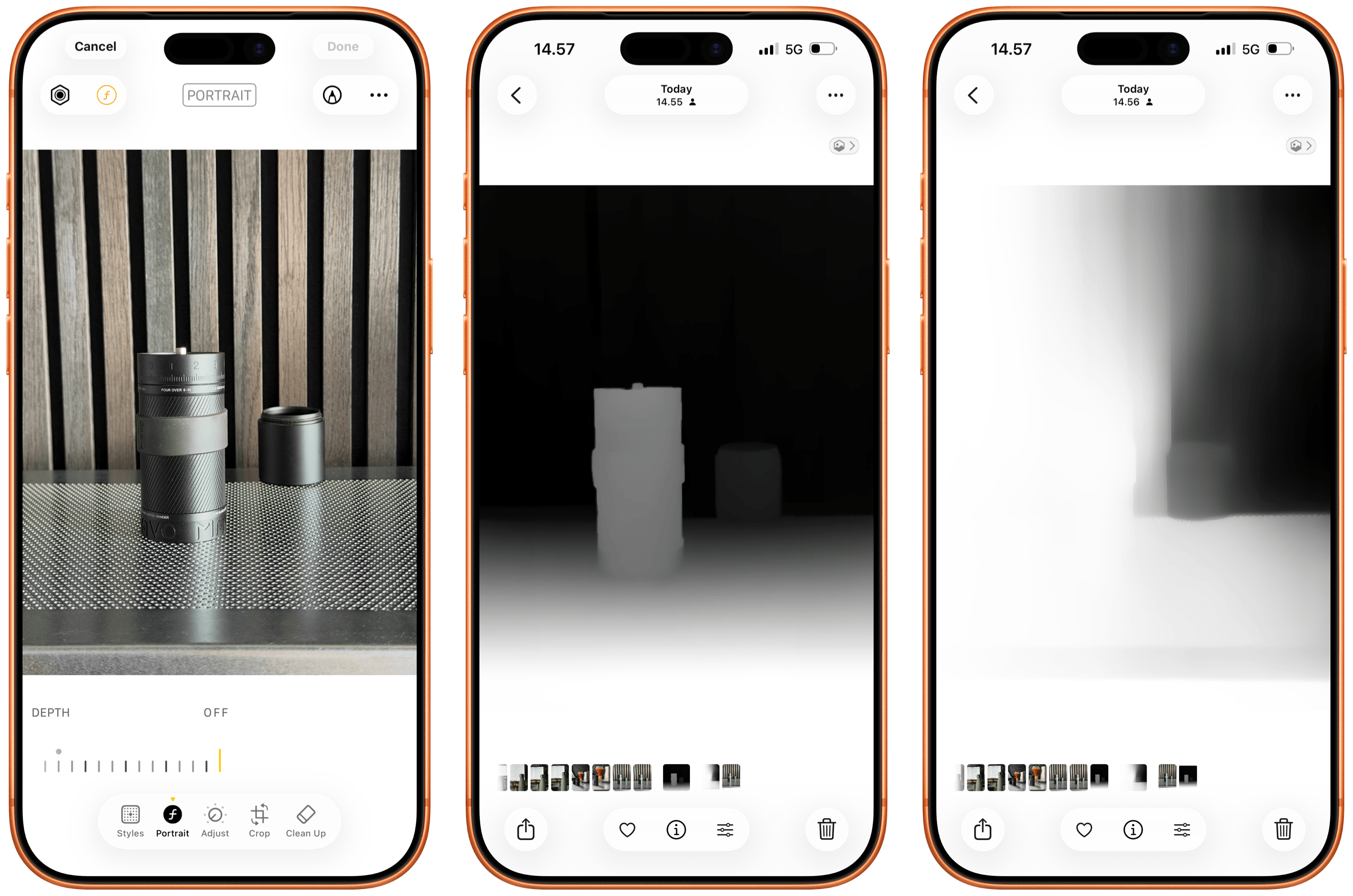 Das Bild zeigt drei Screenshots eines Smartphones, auf denen die Bearbeitung eines Porträtfotos angezeigt wird. Das erste Bild zeigt zwei Objektive auf einer strukturierten Oberfläche, wobei die Option "PORTRAIT" ausgewählt ist und ein Schieberegler zur "TIEFE" eingestellt ist. Das zweite Bild ist eine Graustufenansicht des Originalbildes, mit einer großen, kastenartigen Figur in der Mitte, mit der Beschriftung "Heute, 14.55". Das dritte Bild ist dasselbe Foto, das nur helle und dunkle Farbverläufe mit der Bildunterschrift "Heute, 14.56" zeigt. Die UI-Elemente, einschließlich "Abbrechen", "Fertig" und anderer Bearbeitungssymbole, sind sichtbar.