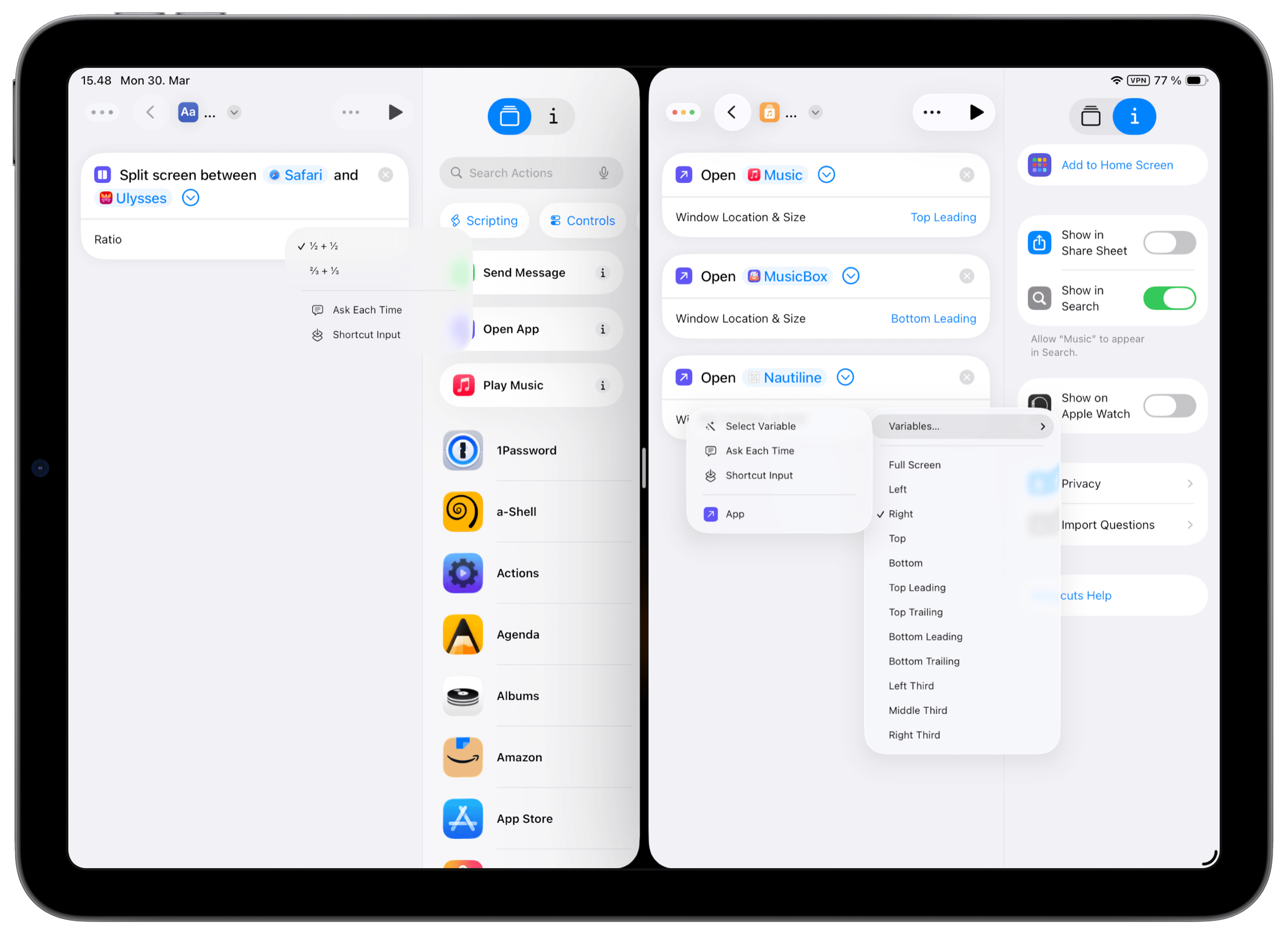 Ein iPad im Querformat zeigt die Apple Kurzbefehle-App in einer Split-Screen-Ansicht. Die linke Seite zeigt die Konfiguration eines Kurzbefehls für das „Split screen between Safari and Ulysses“ mit Optionen für das Seitenverhältnis. Die rechte Seite zeigt eine Liste von Aktionen zum Öffnen verschiedener Apps wie „Open Music“, „Open MusicBox“ und „Open Nautiline“ sowie detaillierte Einstellungsoptionen für den Kurzbefehl.