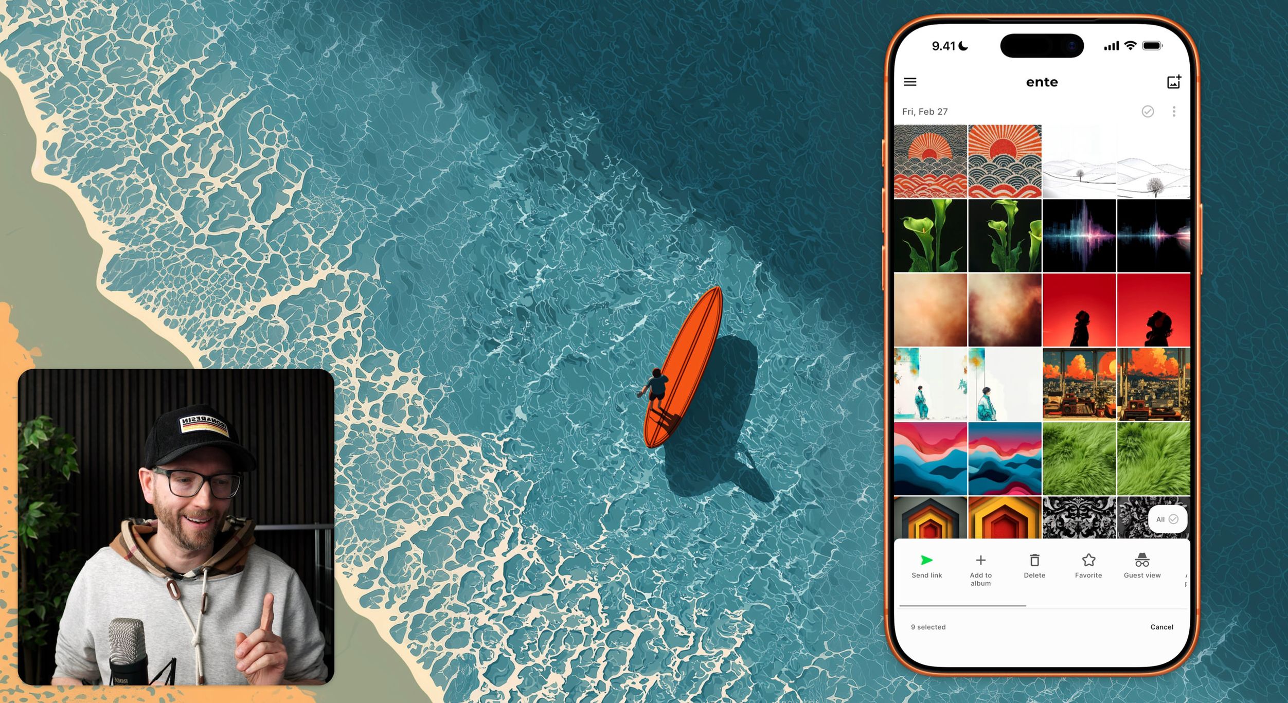 Eine digitale Illustration zeigt eine Person auf einem orangefarbenen Surfbrett im blauen Ozean neben einem Strand, mit einem Telefon, das ein Fotoalbum anzeigt. Auf der linken Seite ist ein Mann zu sehen, der spricht. Auf dem Telefon sind Fotos zu sehen und enthält den Text: "9.41", "=", "ente", "Fr, 27. Feb", "Send link", "9 selected", "Add to album", "Delete", "Favorite", "Guest view", "Cancel" und "All".
