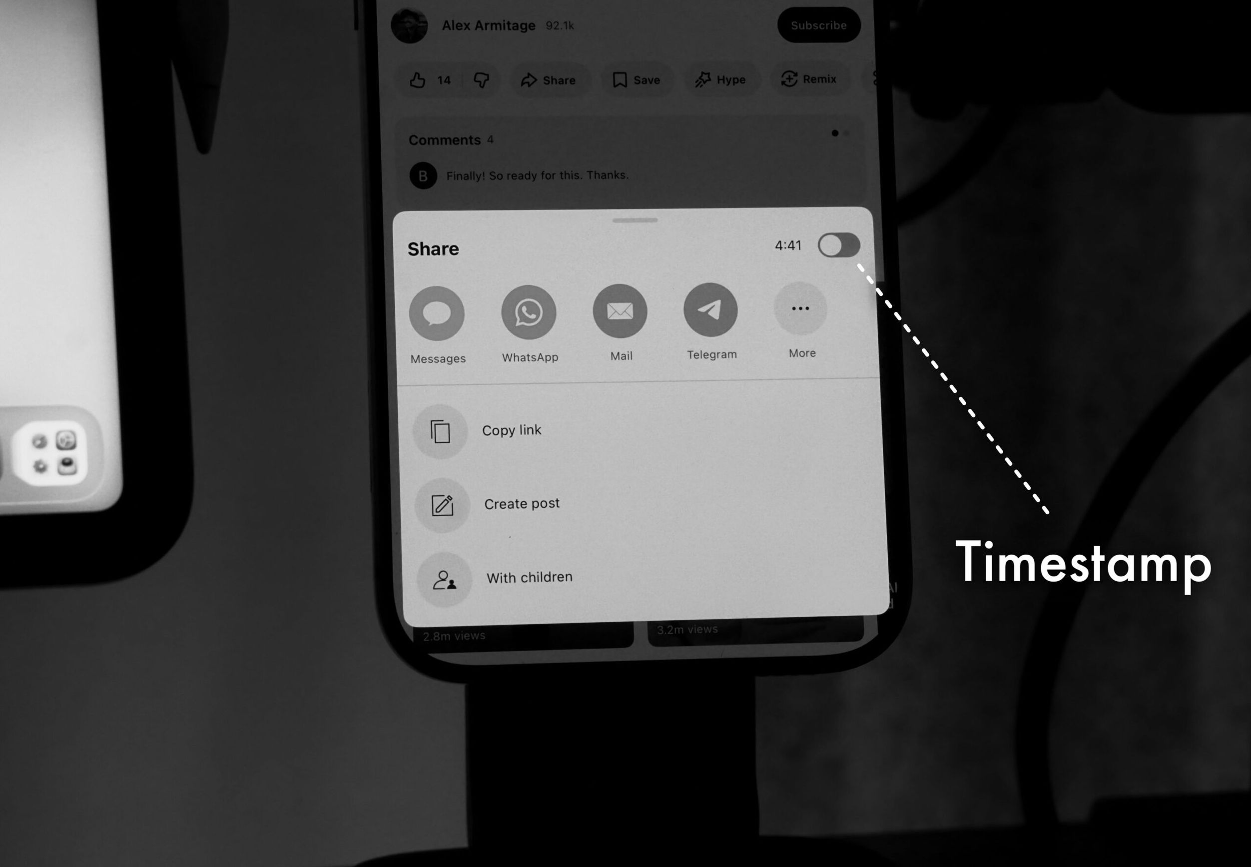 Smartphone-Bildschirm mit den Freigabeoptionen eines Videos, wobei Freigabeoptionen sichtbar sind, darunter Nachrichten, WhatsApp, Mail, Telegram, Mehr, Link kopieren, Beitrag erstellen und mit Kindern, mit einem Zeitstempel von 4:41 und anderen Schaltflächen für soziale Medien-Interaktion.