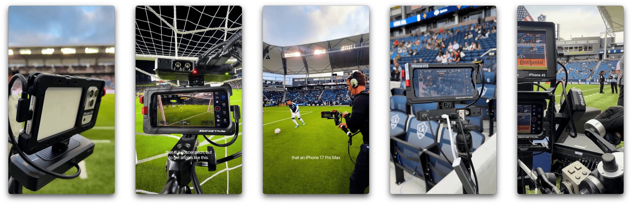 A collage of five images showcasing various setups for filming a soccer match using iPhones. The first and third images show close-ups of iPhones mounted on equipment by the pitch. The second image shows an iPhone filming through a soccer goal net, capturing the field. The fourth image features a videographer with headphones operating an iPhone on a stabilizer during the game. The fifth image displays an iPhone on a tripod filming the field with players and spectators visible in the stadium.