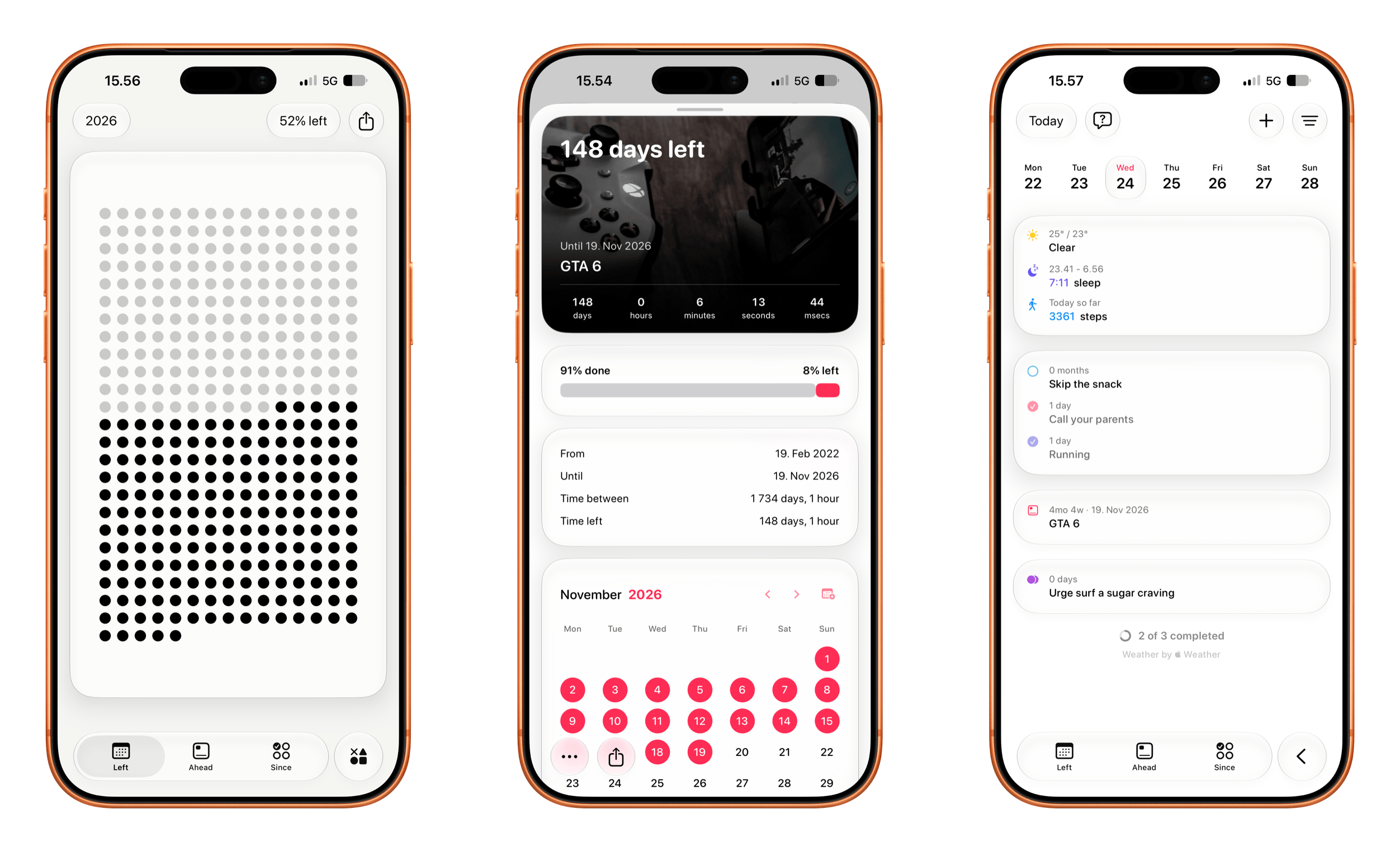 Drei Screenshots einer mobilen Anwendung auf einem Smartphone zeigen eine Raster-Fortschrittsanzeige, einen detaillierten Countdown-Timer für ein bevorstehendes Ereignis mit Kalenderansicht sowie ein tägliches Dashboard mit Wetterinformationen, Aktivitätstracking und Aufgabenlisten.