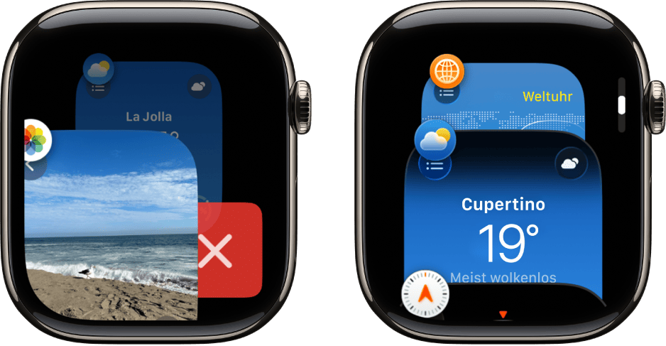 Zwei Apple-Watch-Displays nebeneinander, die die App-Übersicht zeigen. Links ist eine Foto-App mit einer Strandaufnahme zu sehen, die mit einem roten X-Symbol geschlossen werden kann. Rechts ist eine Wetter-App für Cupertino mit einer Temperatur von 19 Grad und dem Status „Meist wolkenlos“ dargestellt.