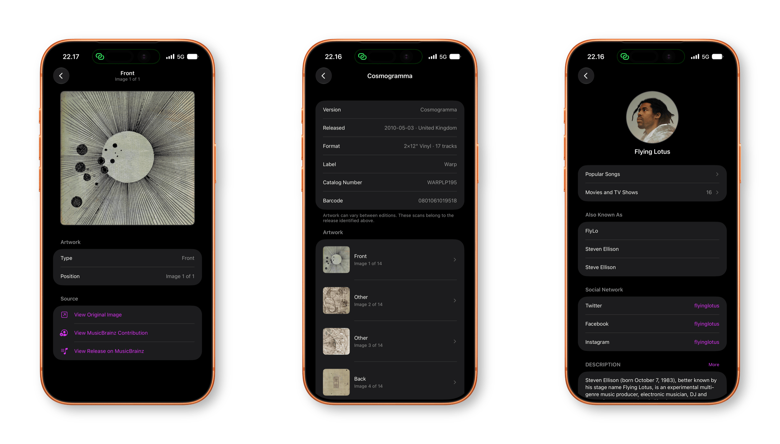 Drei nebeneinanderliegende Screenshots einer mobilen App-Oberfläche, die Details zu einem Musikalbum und ein Künstlerprofil zeigen. Der linke Bildschirm zeigt ein Albumcover mit einem grafischen, strahlenförmigen Muster. Der mittlere Bildschirm listet Metadaten zum Album auf, einschließlich Veröffentlichungsdatum, Format und einer Liste der Artworks. Der rechte Bildschirm zeigt ein Künstlerprofil mit einem kreisförmigen Porträt, Social-Media-Links und einer kurzen Biografie.