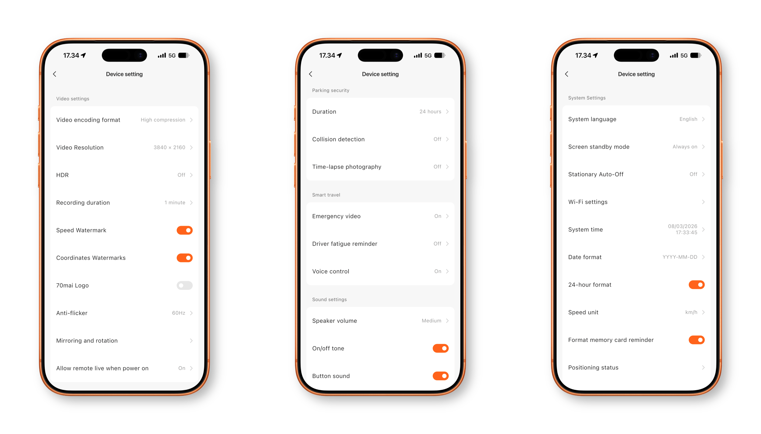 Three mobile app interface screens showing various configuration settings for a camera device, categorized into video, parking security, and system preferences.

Drei App-Oberflächenansichten zeigen verschiedene Konfigurationseinstellungen für ein Kameragerät, unterteilt in Video-, Parküberwachungs- und Systemeinstellungen.