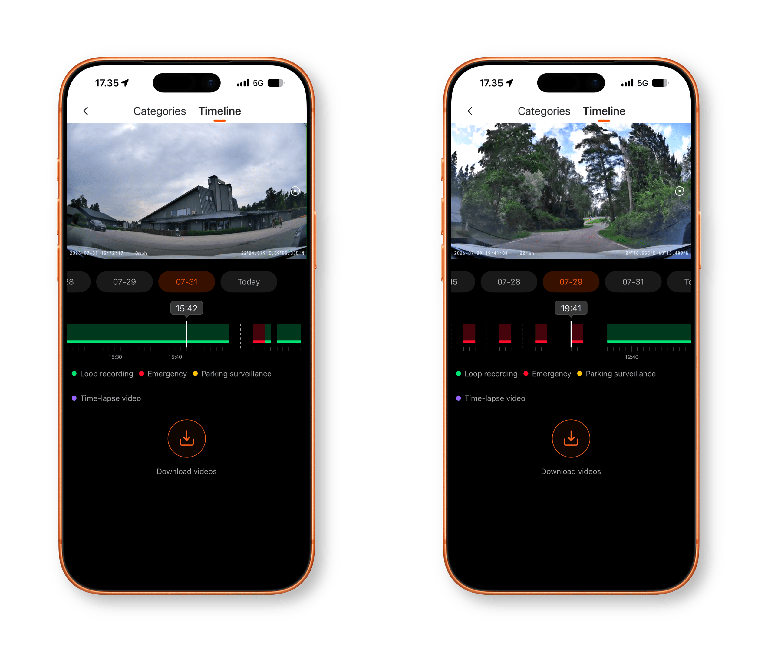 Zwei Smartphones zeigen die Benutzeroberfläche einer Dashcam-App. Auf dem Bildschirm ist ein Videoplayer mit einer Zeitleiste zu sehen, die farblich gekennzeichnete Bereiche für Loop-Aufnahmen und Notfallereignisse sowie eine Schaltfläche zum Herunterladen von Videos enthält.