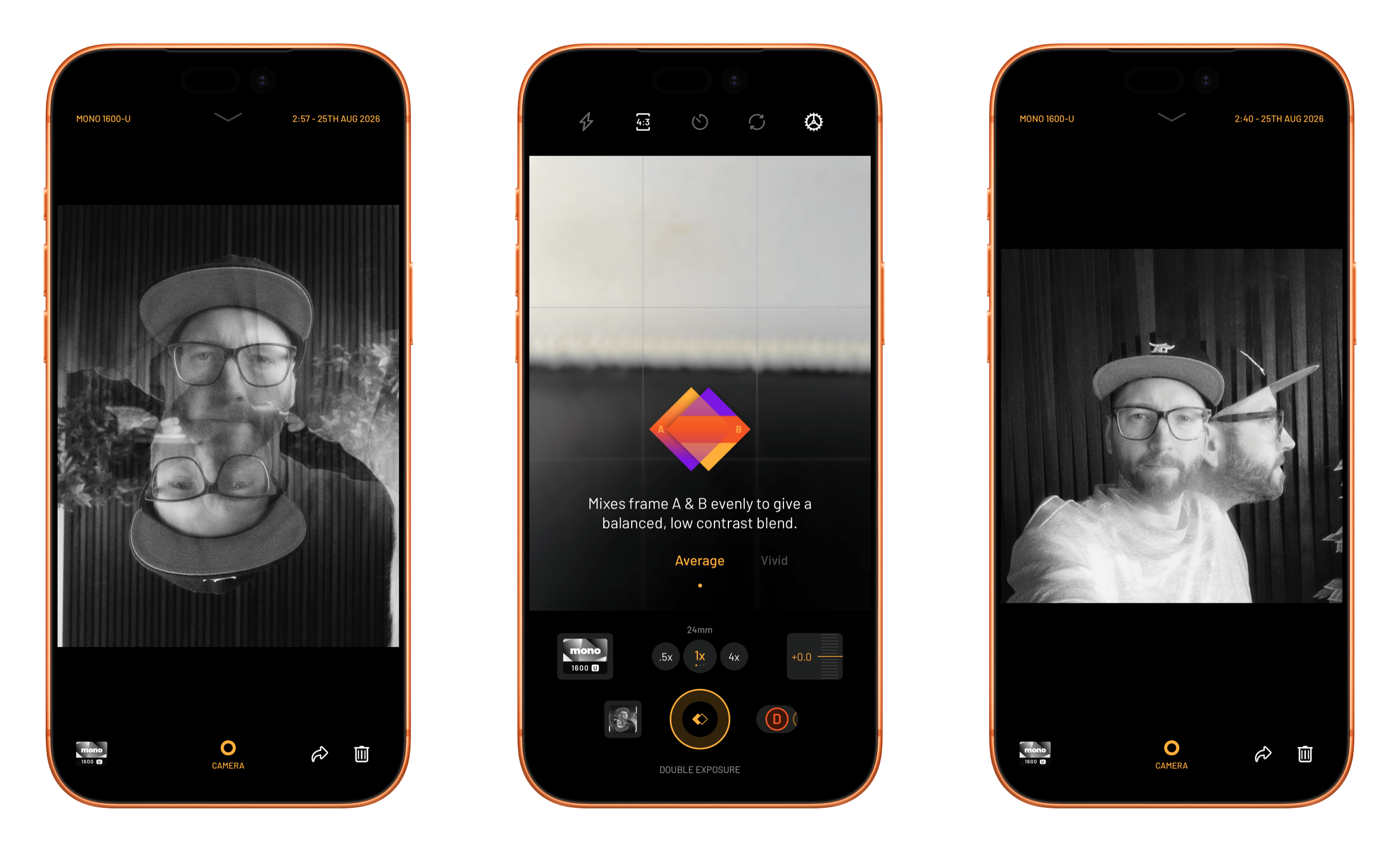 This screenshot displays the double exposure blending mode interface within the Mono 1600-U camera application.