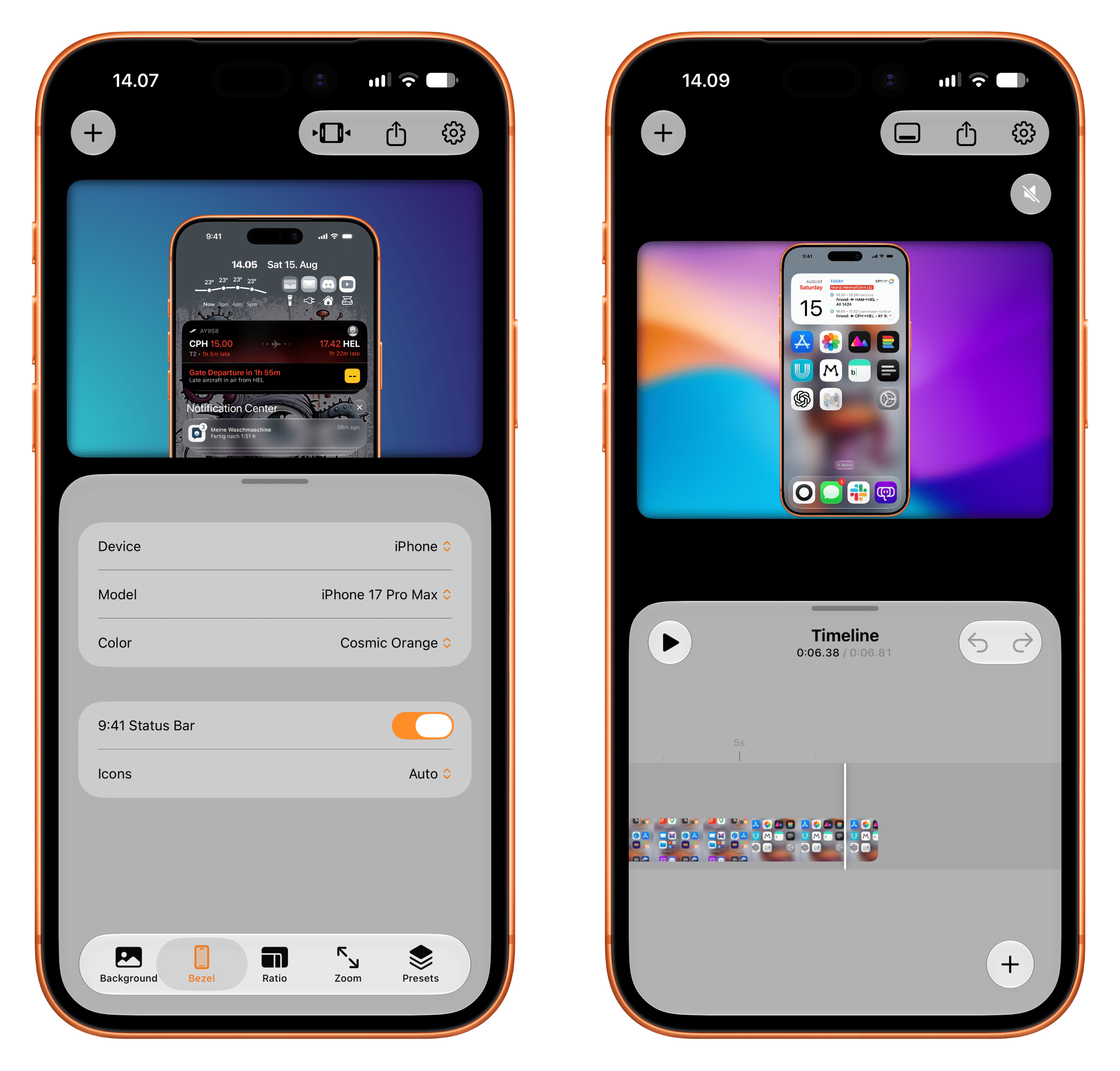 Zwei nebeneinander liegende Ansichten einer App zur Bearbeitung von iPhone-Mockups auf einem Smartphone.