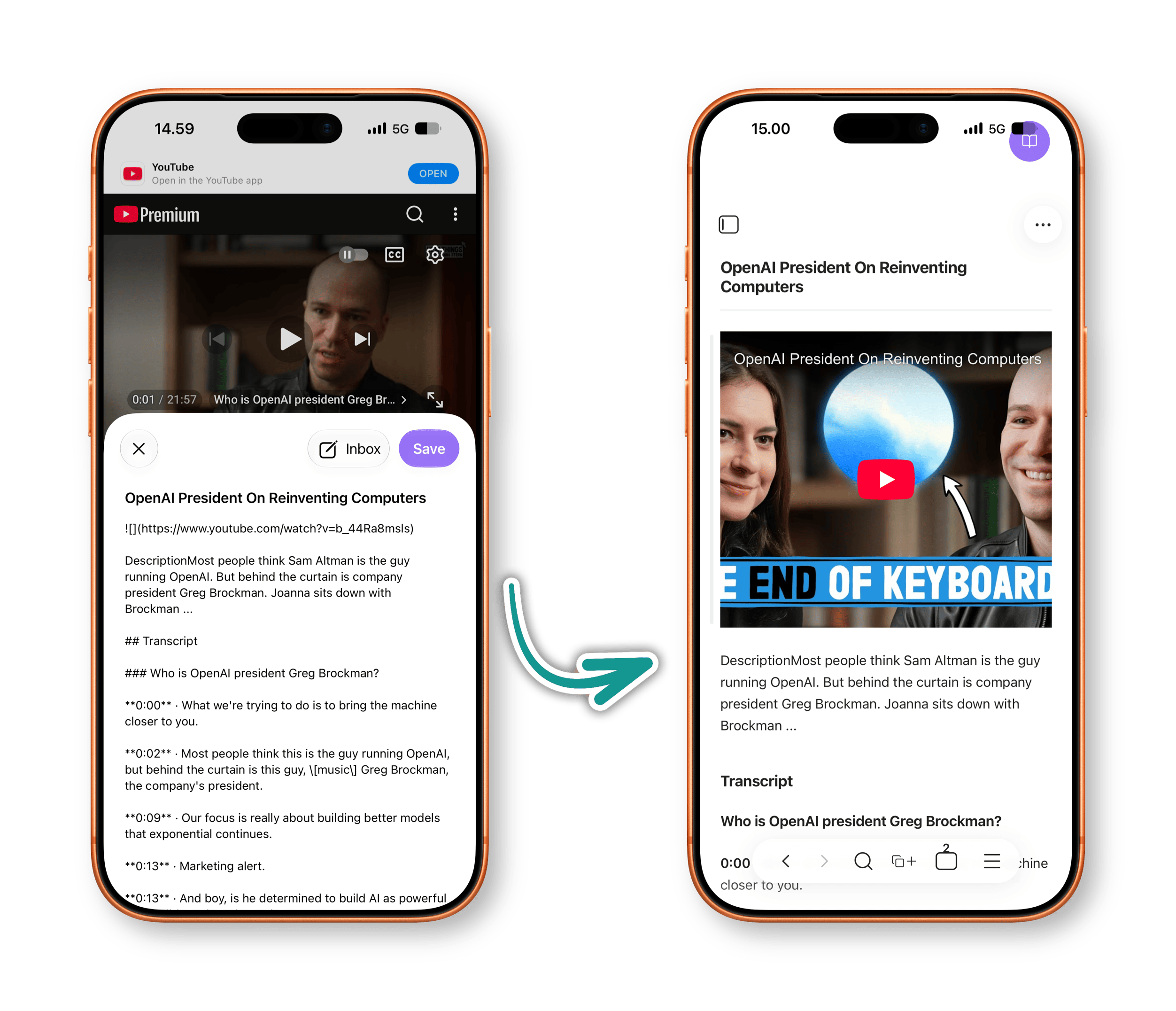 Zwei Smartphone-Bildschirme im Vergleich: Links ist eine YouTube-Videoseite zu sehen, rechts eine strukturierte Zusammenfassung desselben Videos, verbunden durch einen geschwungenen Pfeil, der einen Umwandlungsprozess darstellt.