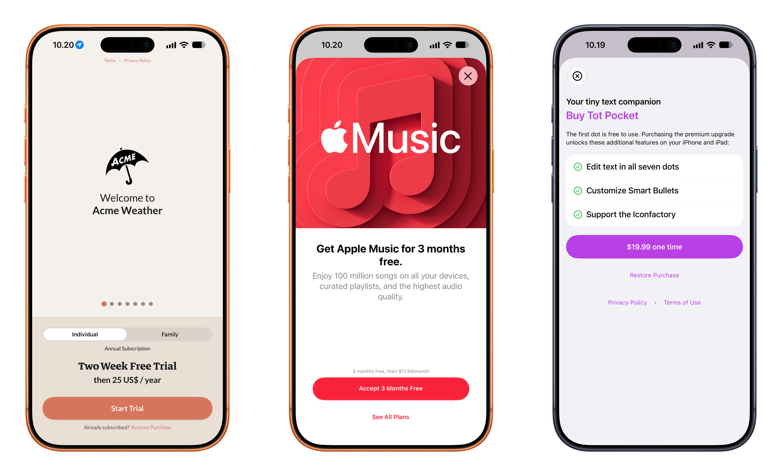 This image displays three different iOS application screens featuring subscription and purchase options for Acme Weather, Apple Music, and Tot Pocket.