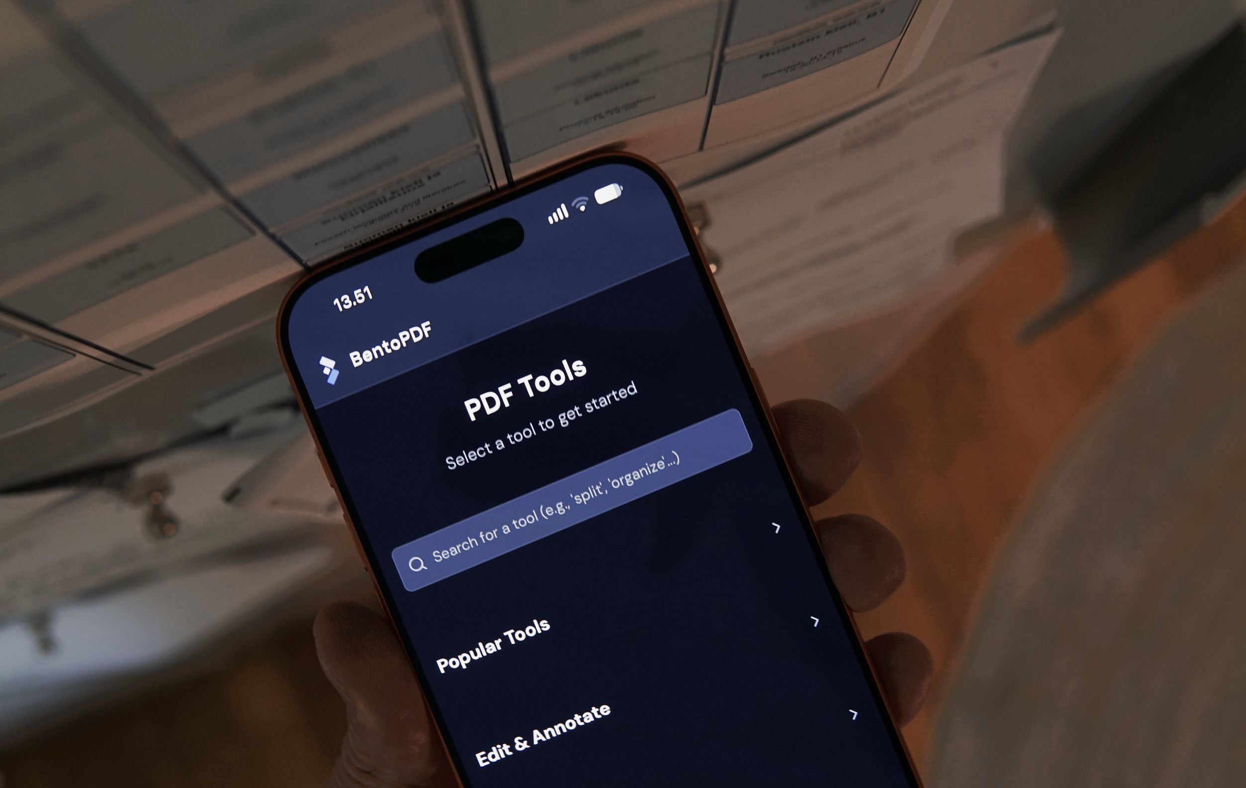 This is a screenshot of the BentoPDF mobile application interface displaying the main tools menu.
