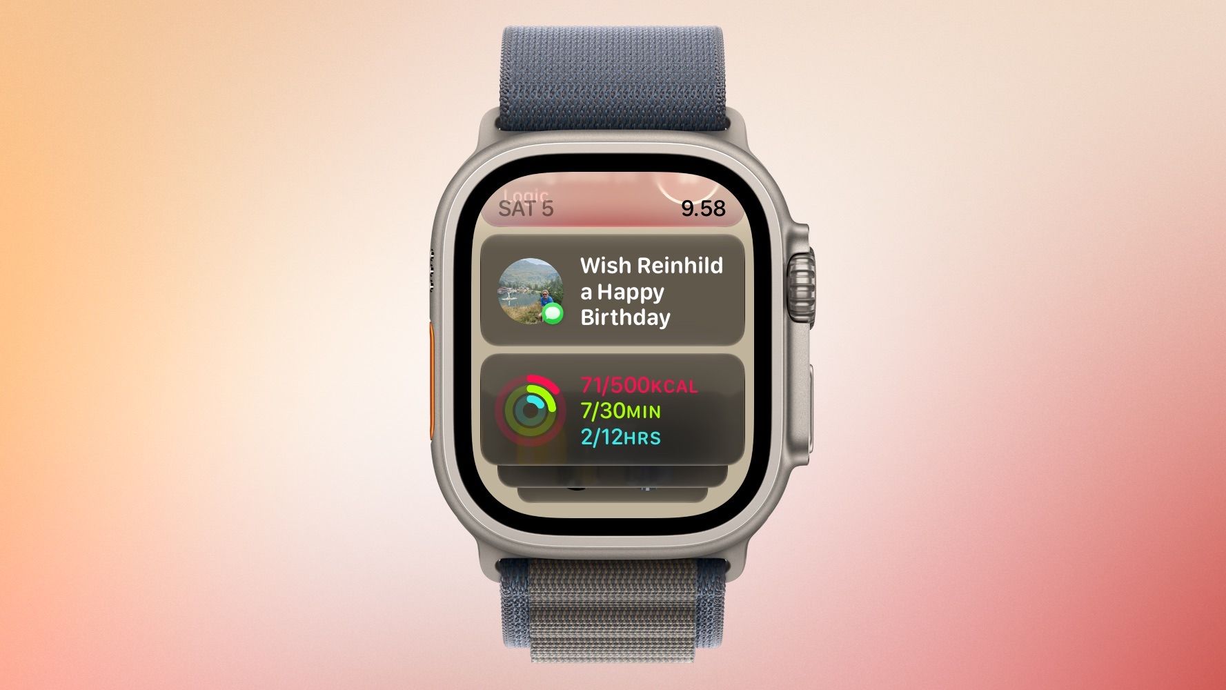 An Apple Watch Ultra display showing a Smart Stack with birthday notification and activity ring widgets.