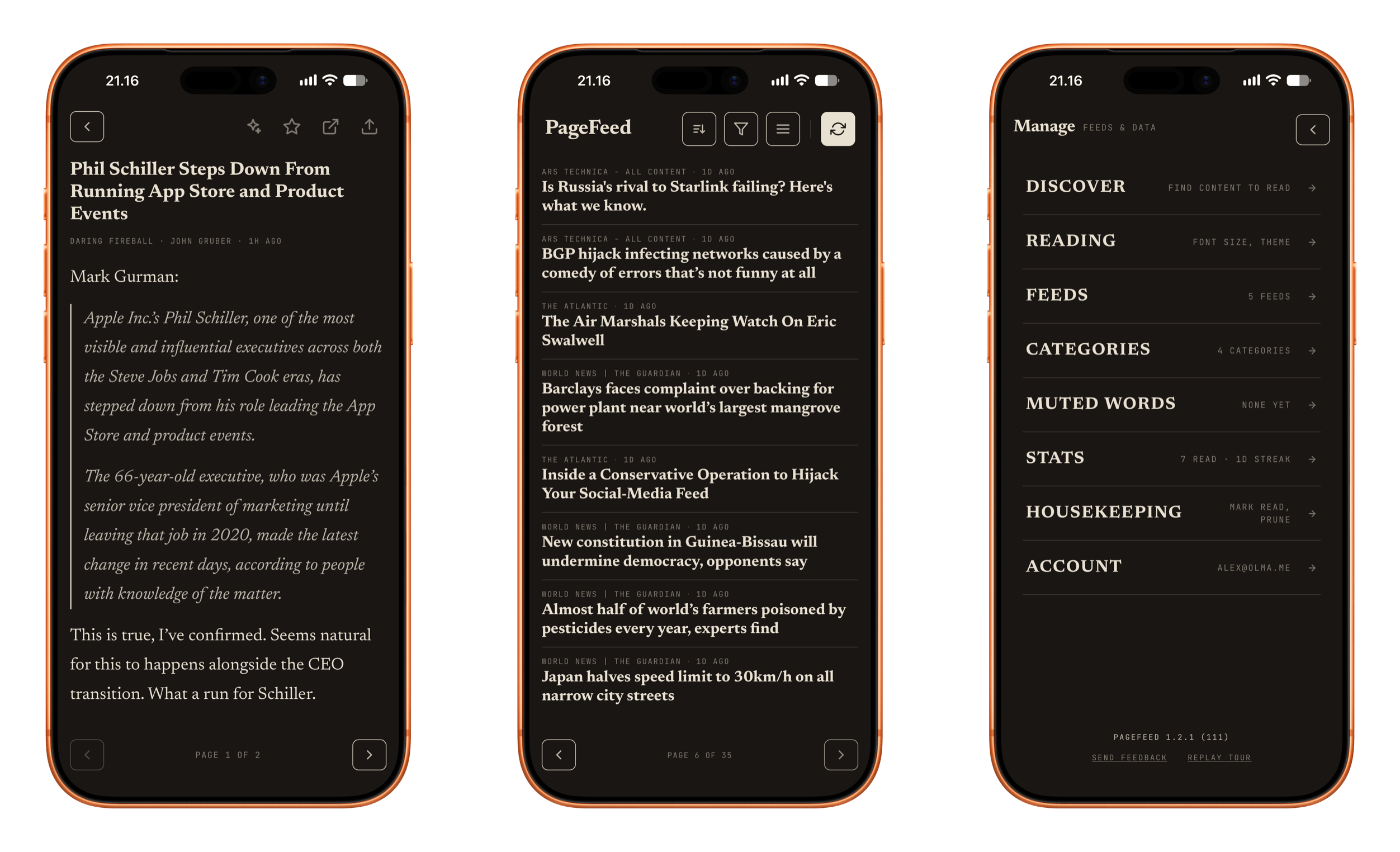 Three screens from the PageFeed mobile application showing an article view, a news feed, and the manage settings menu.
